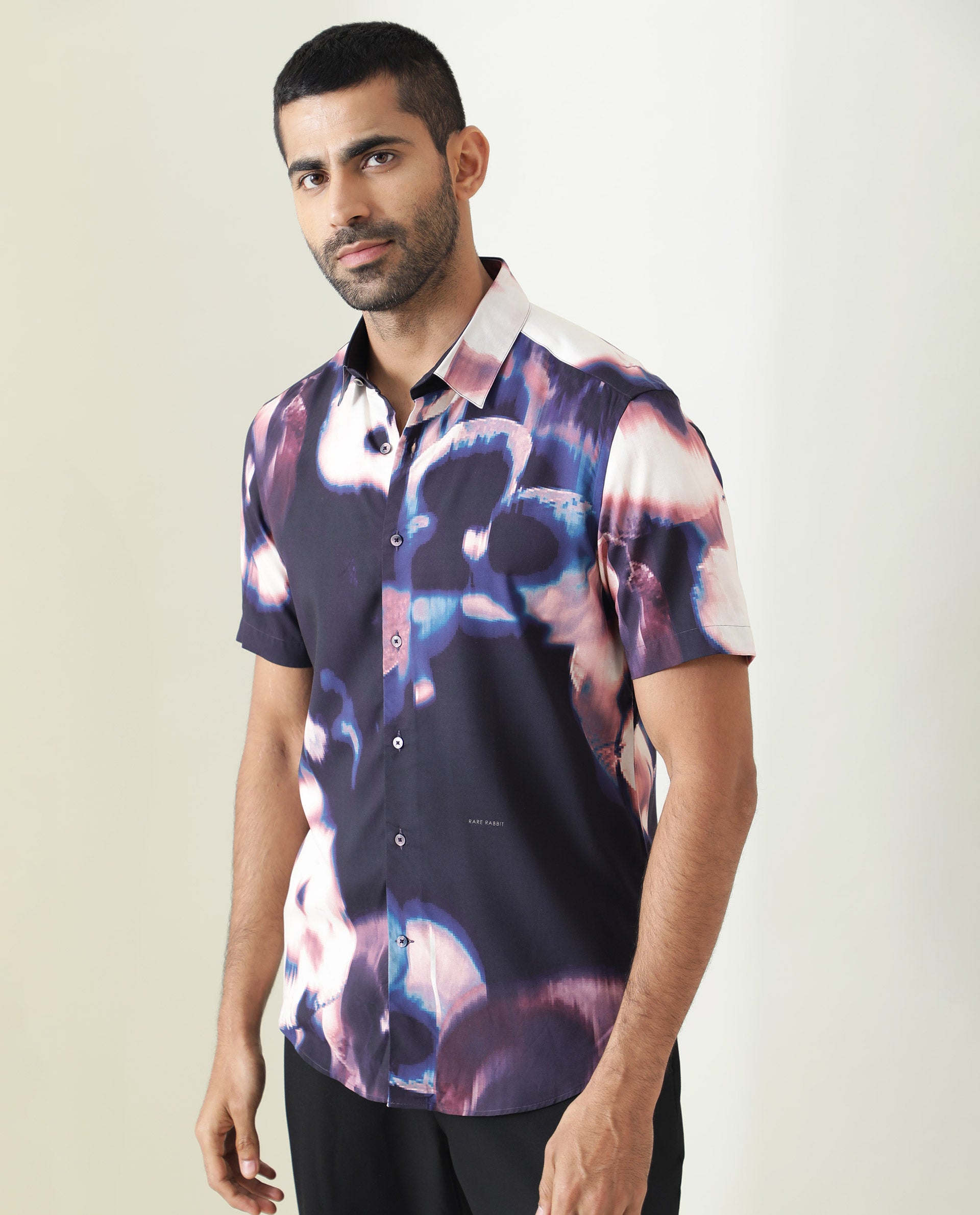 Rare Rabbit Men's Torio Navy Viscose Fabric Abstract Floral Print Half Sleeves Shirt