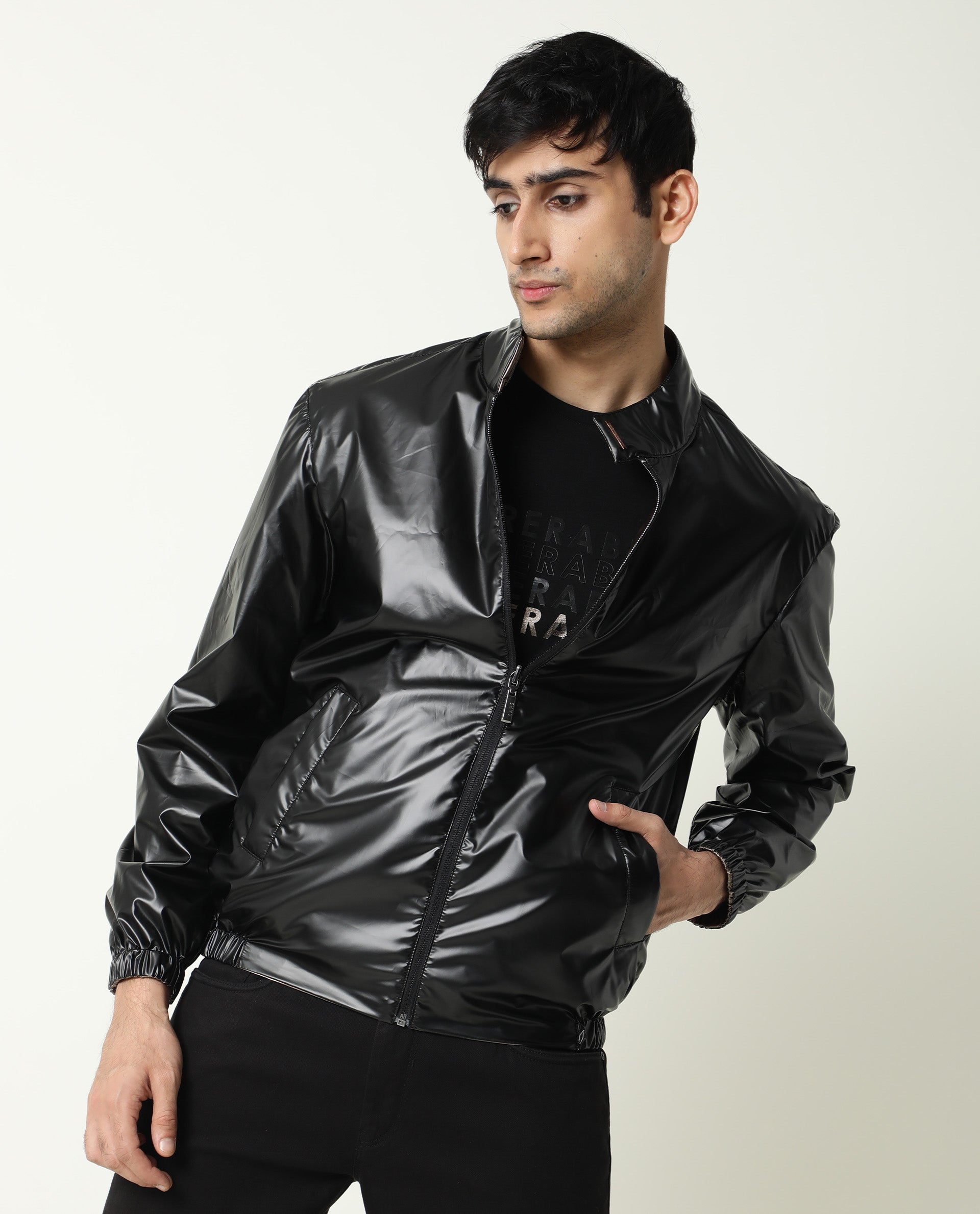 Rare Rabbit Men's Adam Gold Plain Metallic Band Collar Reversible Jacket