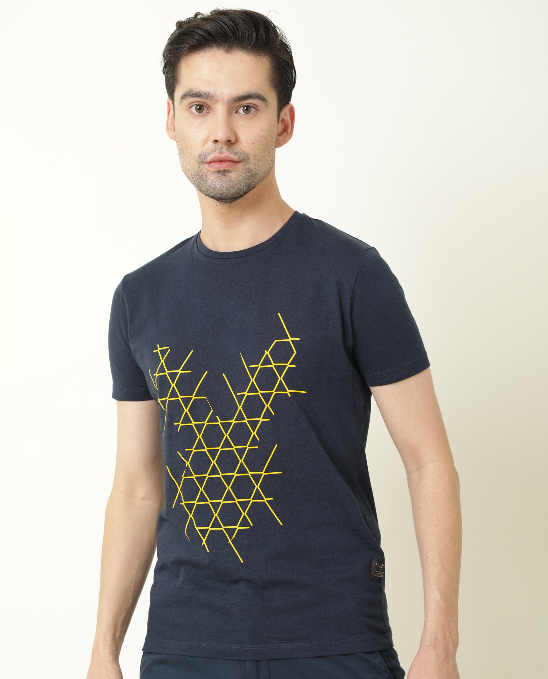 Rare Rabbit Men's Hegon Navy Crew Neck HD Printed Half Sleeves Slim Fit T-Shirt
