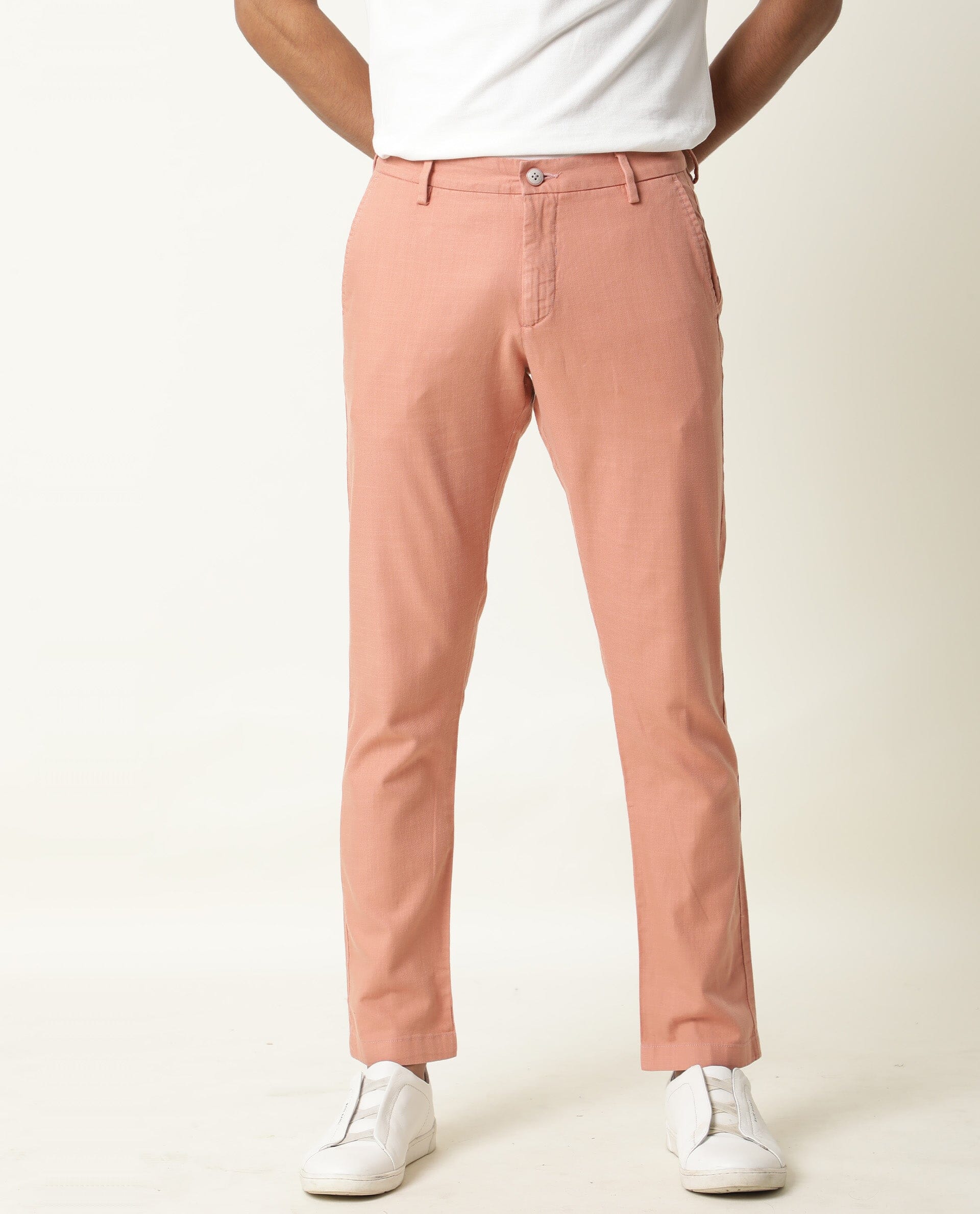 Rare Rabbit Men's Corn Pink Solid Mid-Rise Regular Fit Stretch Trouser
