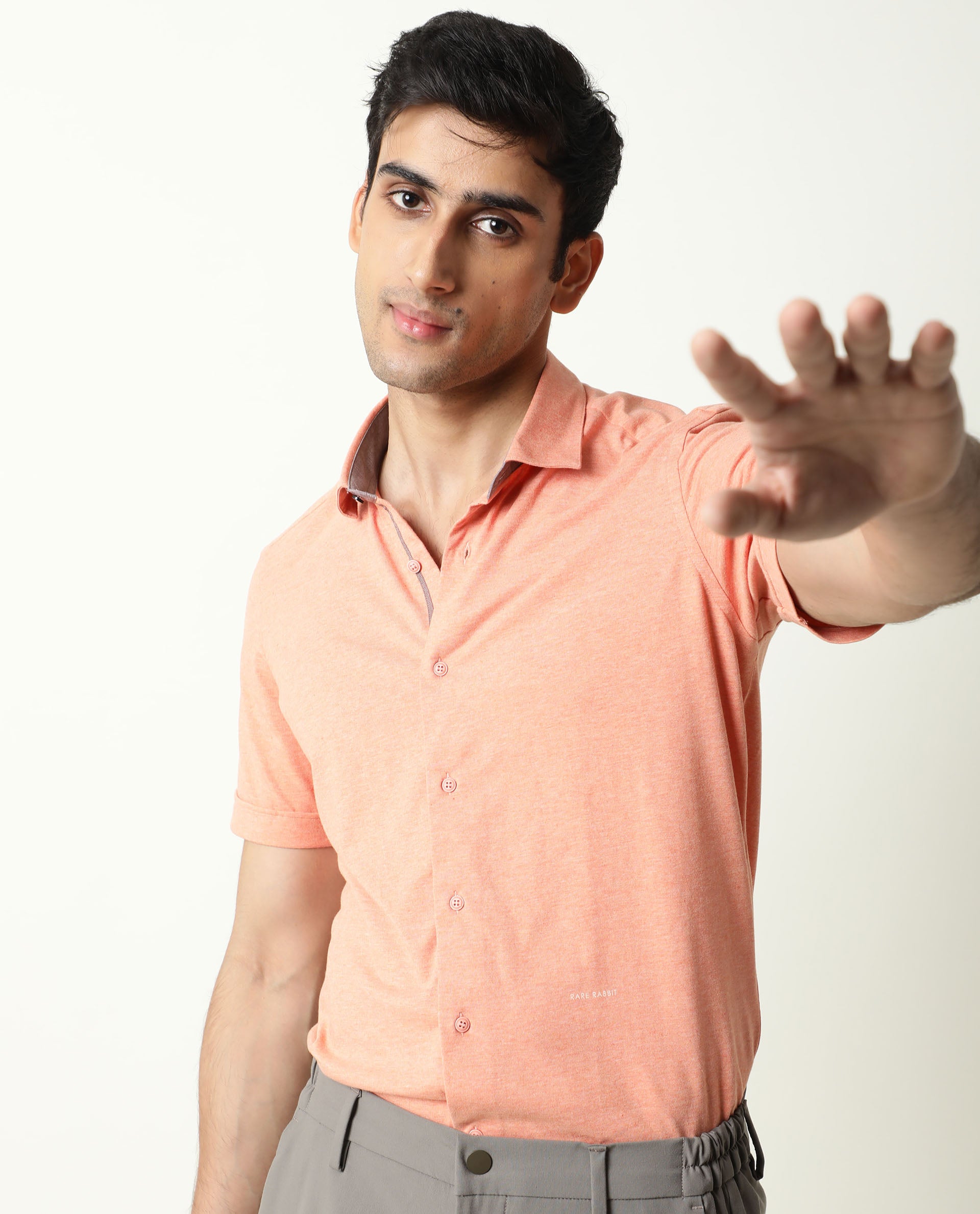 Rare Rabbit Men's Miraj Orange Cotton Fabric Half Sleeves Knitted Shirt