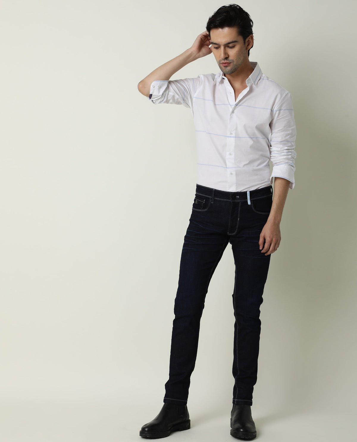 Rare Rabbit Men's Neo Blue Mid-Rise Dark Wash Slim Fit Jeans