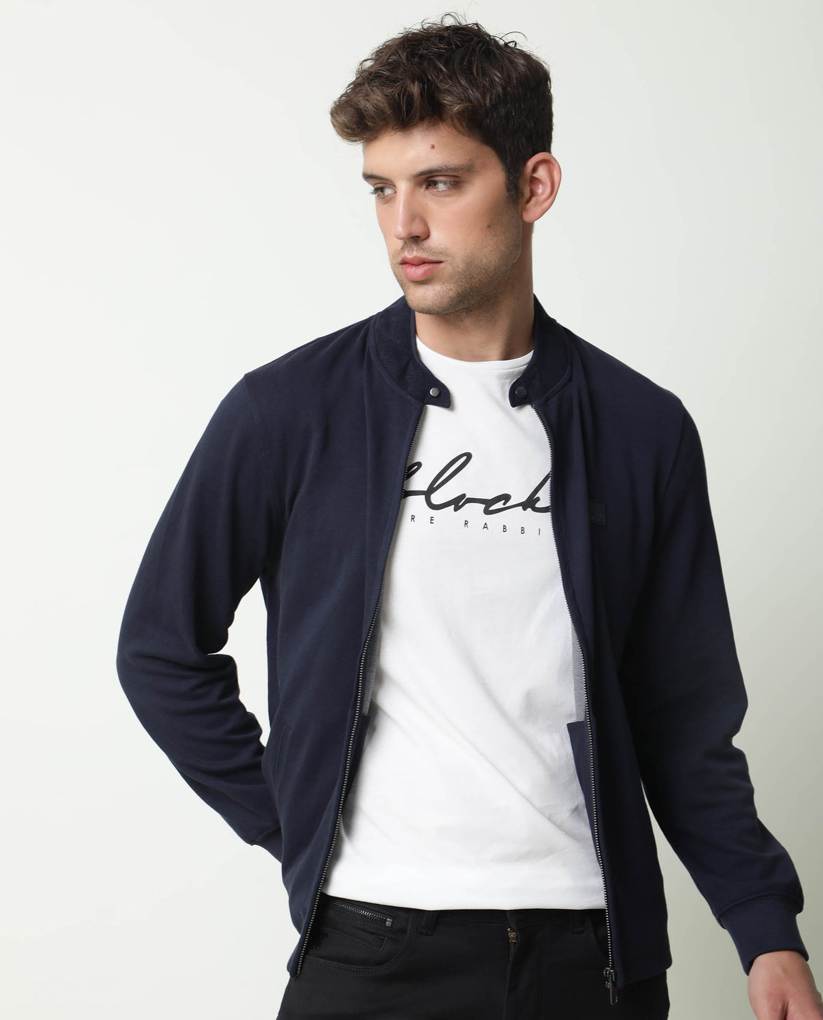 Rare Rabbit Men's Morris Navy Plain Cotton Knit Jacket