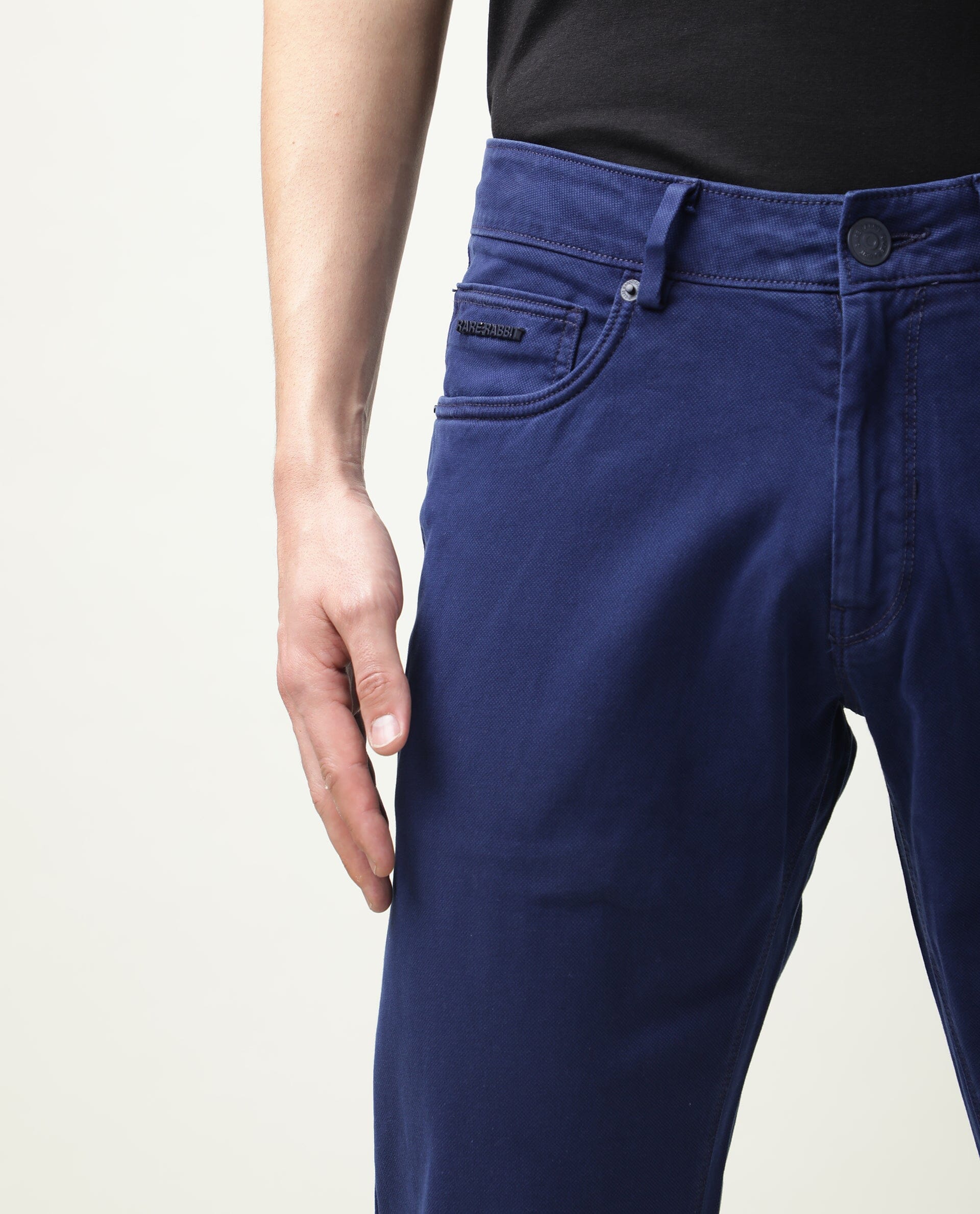 Rare Rabbit Men's Fiv5 Blue Solid Mid-Rise Slim Fit Trouser