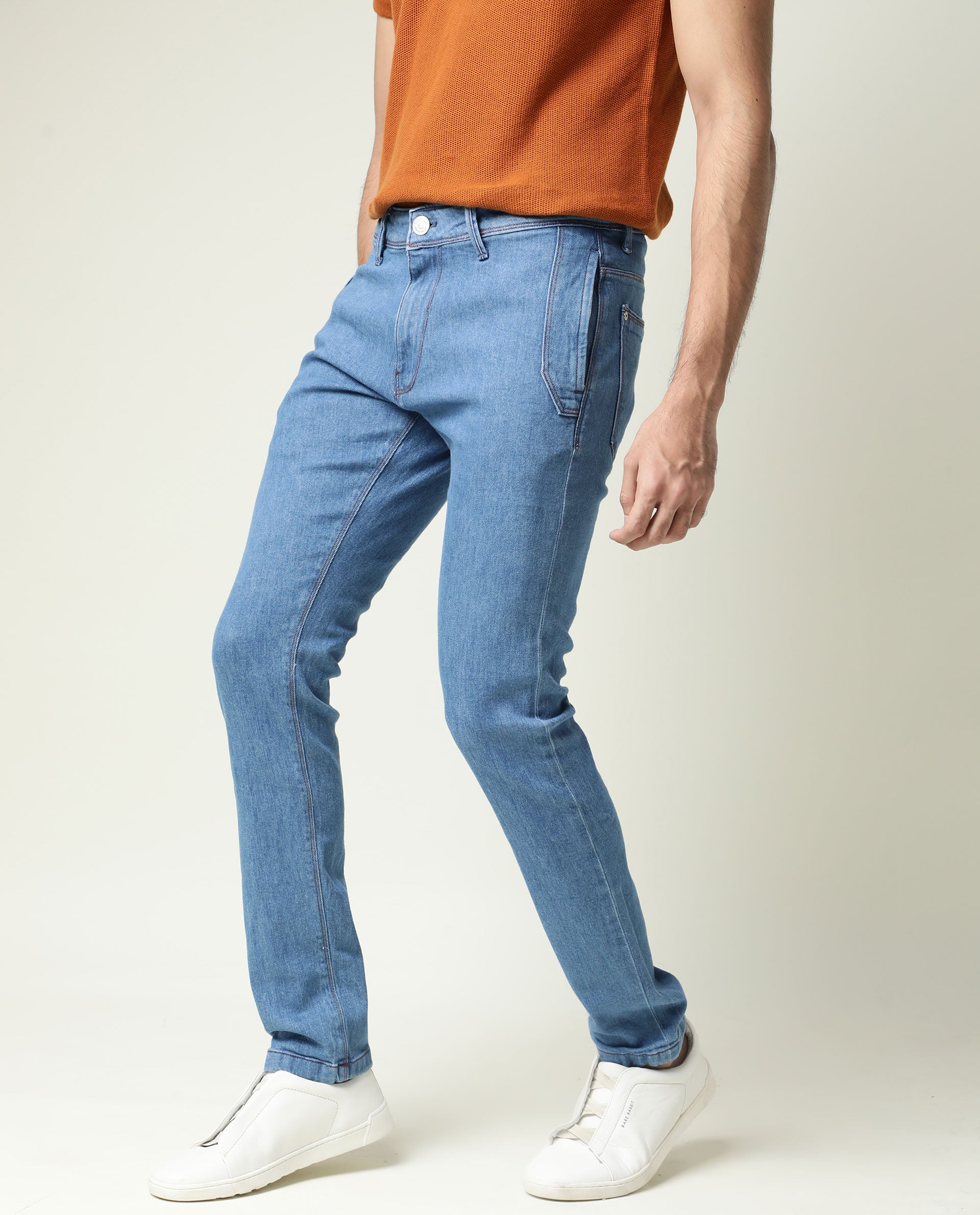 Rare Rabbit Men's Midtas  Blue Light Wash Mid-Rise Slim Fit Jeans