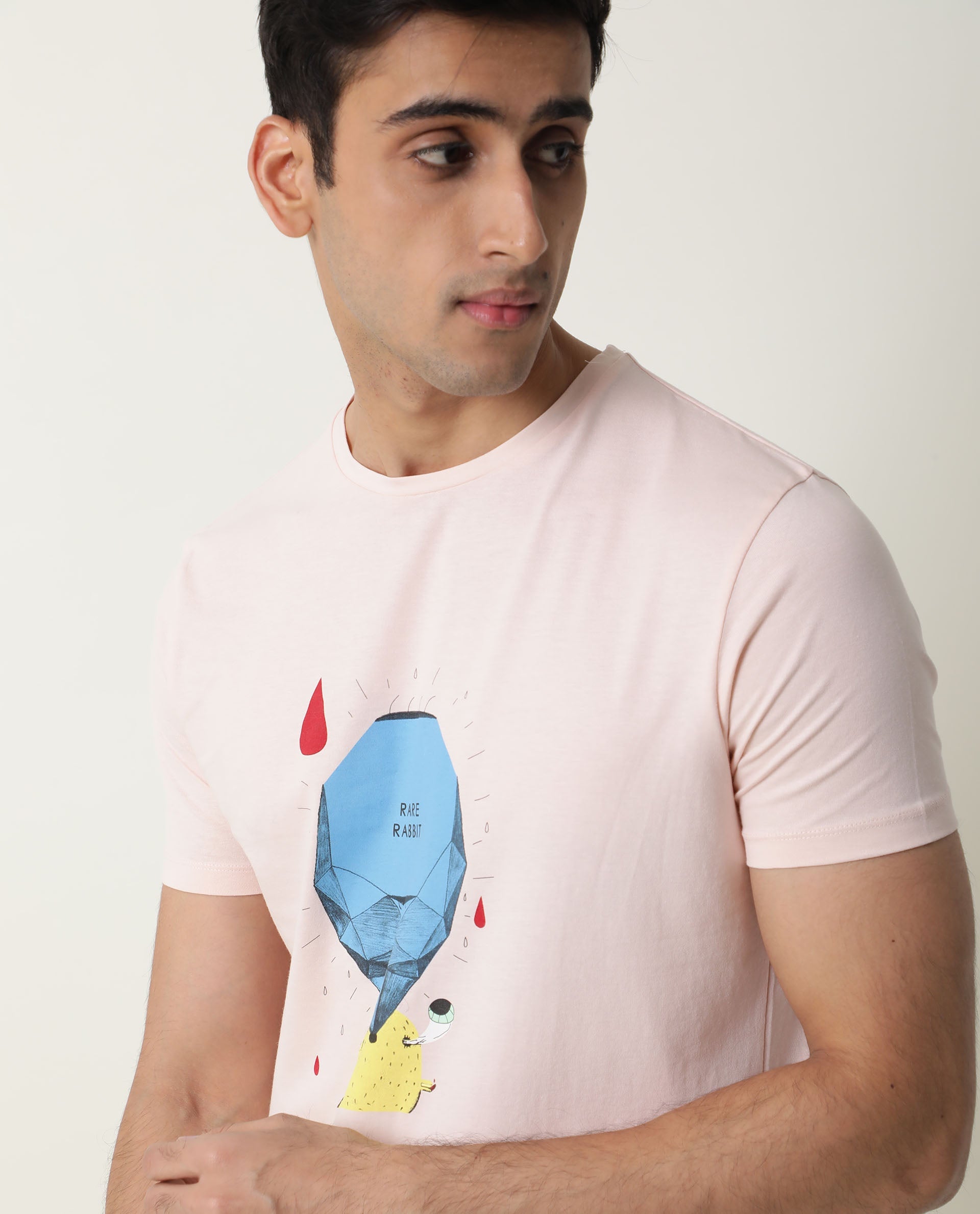 Rare Rabbit Men's Dunnii Pink T-Shirt Cotton Fabric Slim Fit Crew Neck Half Sleeves