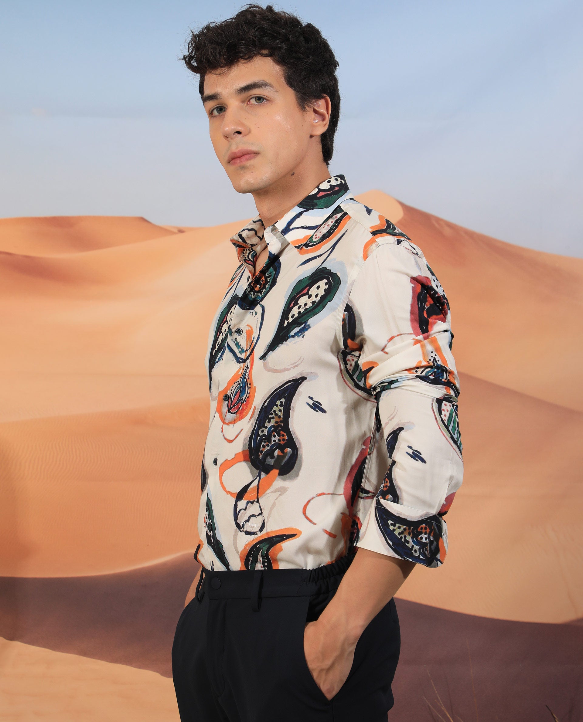 Rare Rabbit Men's Ivys Ls Beige Viscose Fabric Abstract Paisley Print Full Sleeves Shirt