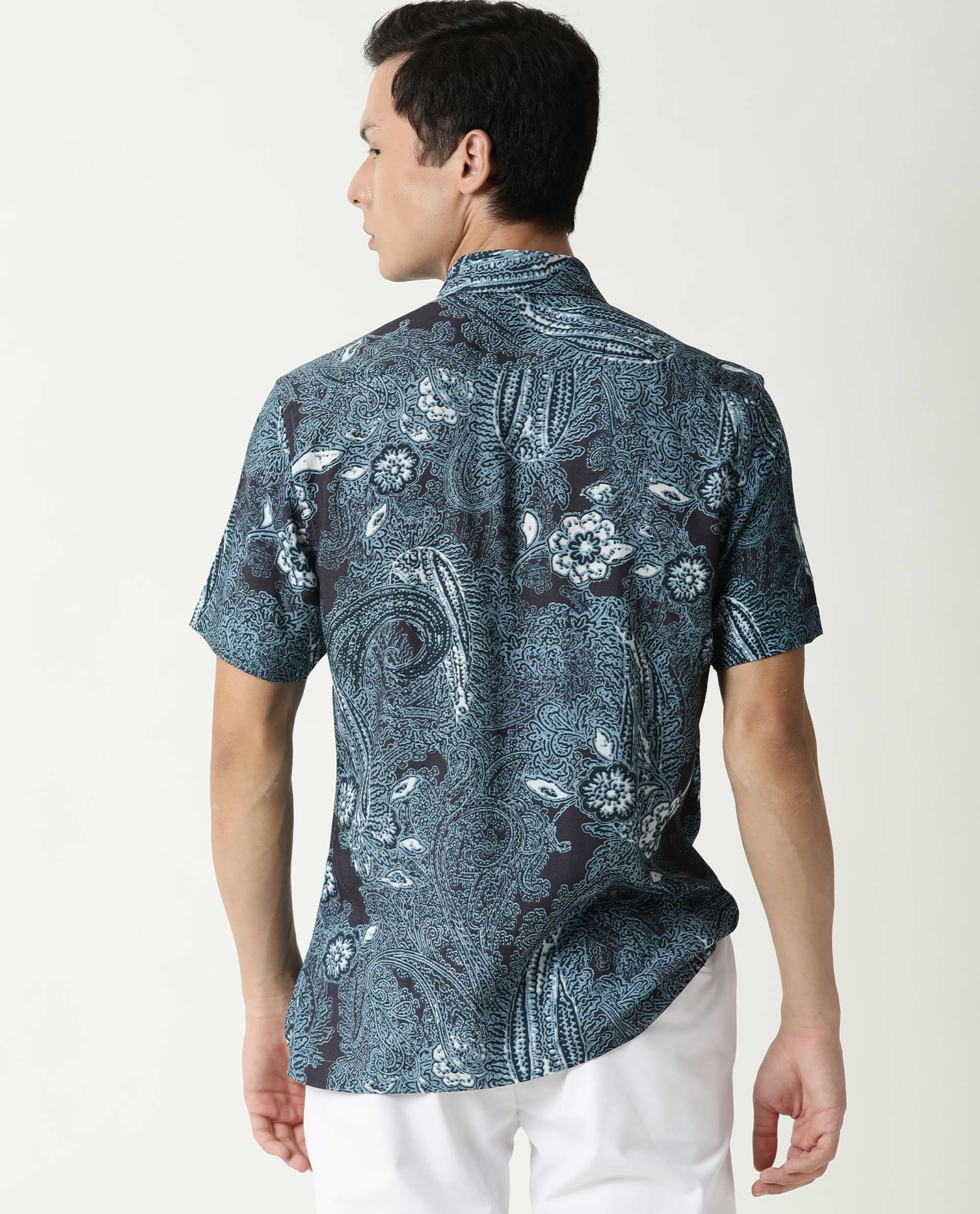 RARE RABBIT MENS LAWRN SS BLUE SHIRT COTTON VISCOSE FABRIC SLIM FIT COLLAR COLLAR Short Sleeve