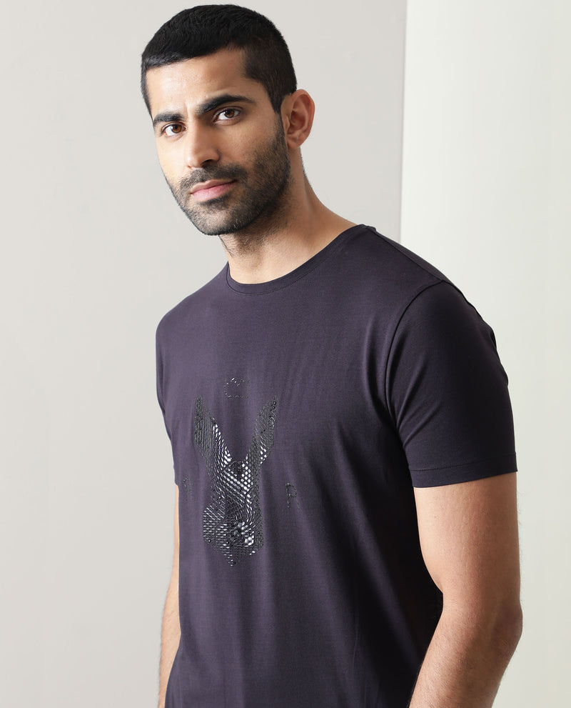Rare Rabbit Men's Stud Dark Purple Crew Neck Logo Printed Half Sleeves Slim Fit T-Shirt