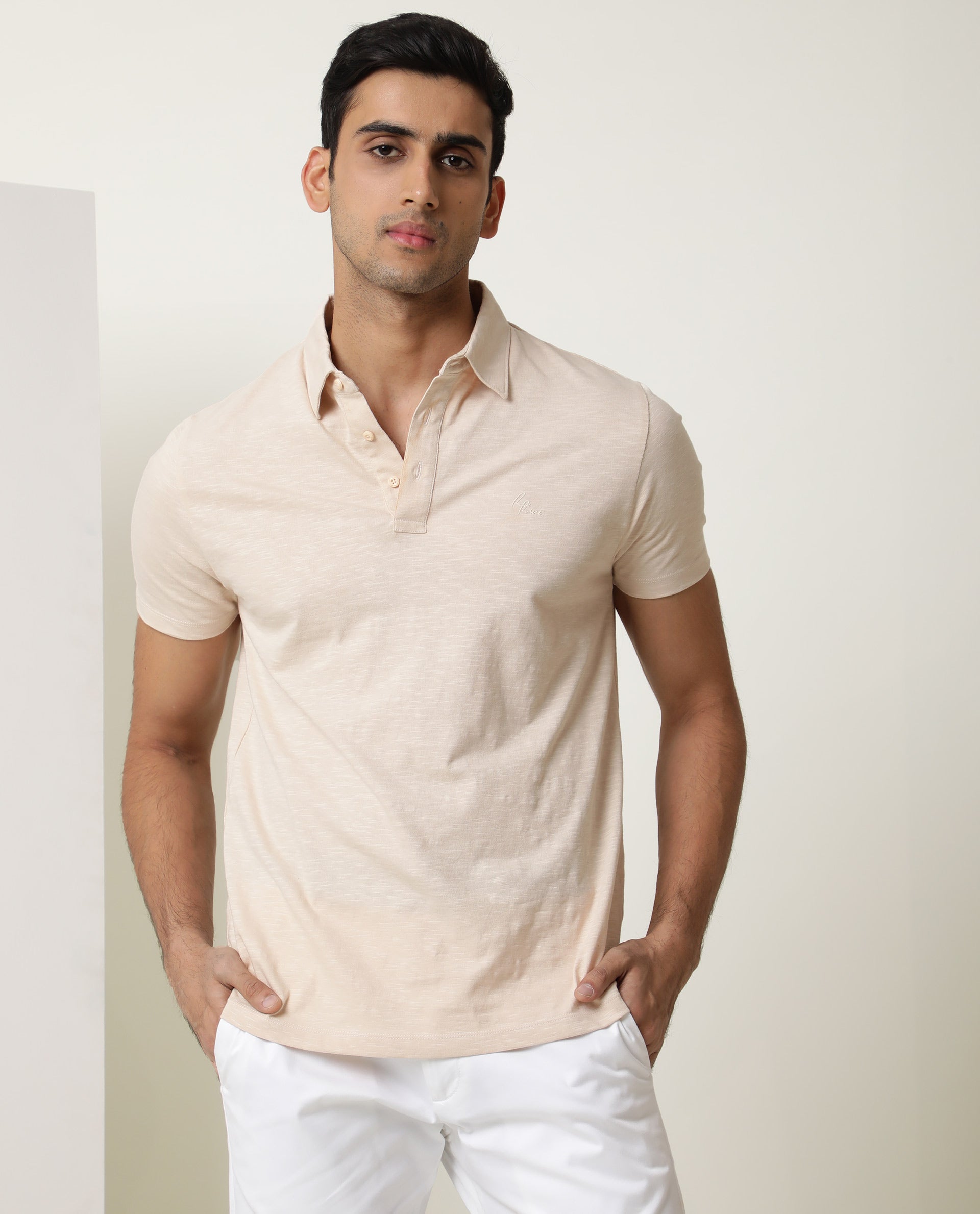 Rare Rabbit Men's Trent Beige Cotton Fabric Collared Neck Half Sleeves Textured Polo T-Shirt