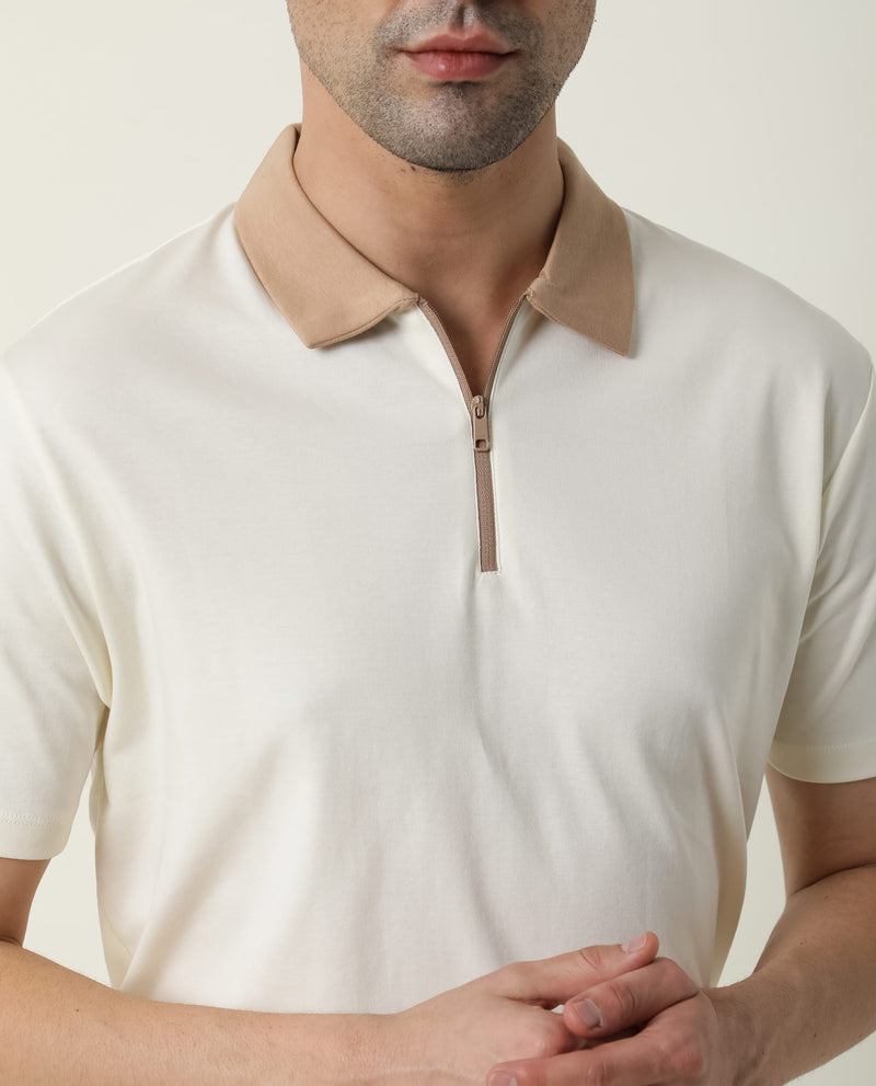 Rare Rabbit Men's Cloud White Cotton Fabric Collared Neck Zipper Closure Half Sleeves Polo T-Shirt