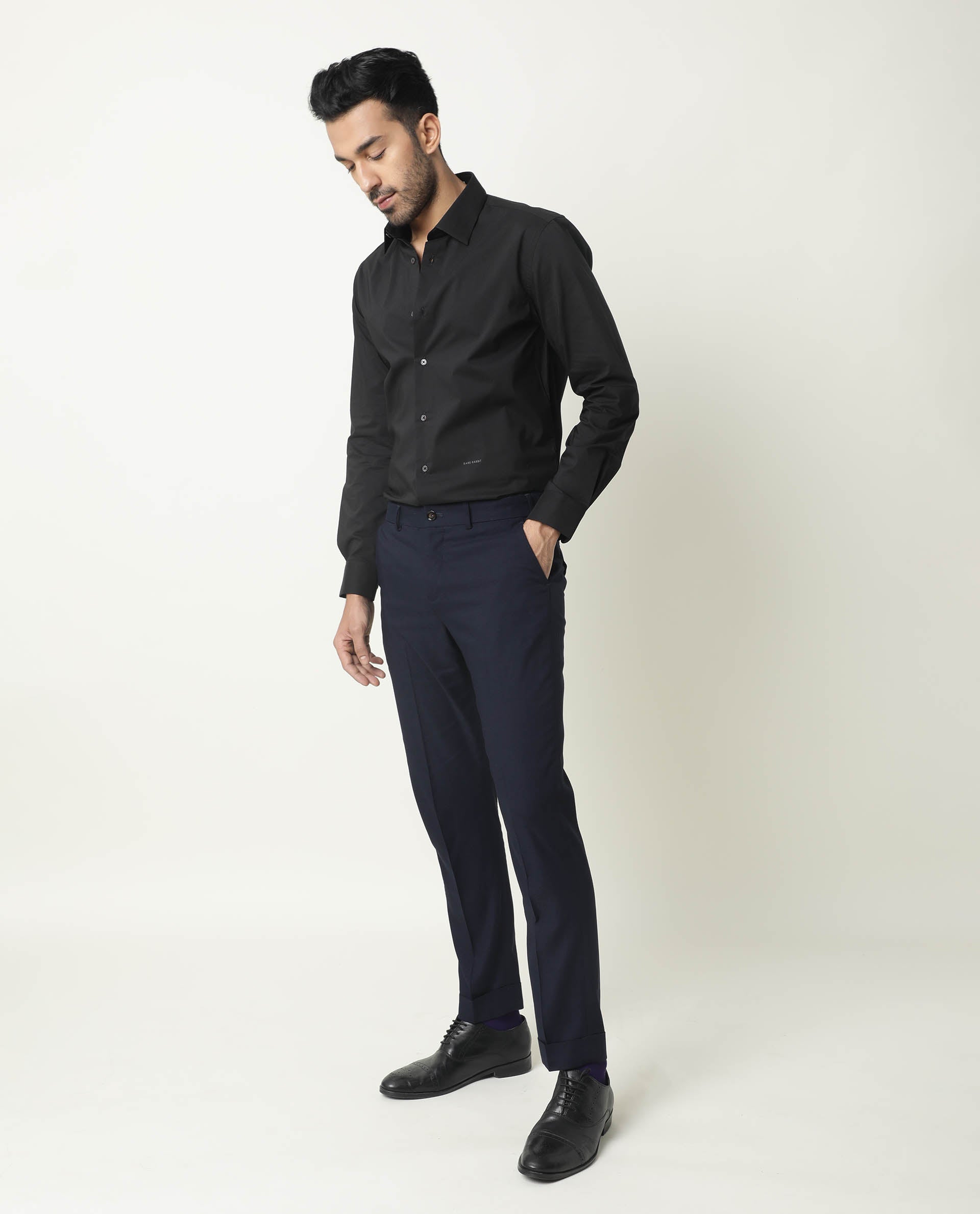 RARE RABBIT MEN'S NEUTRO LS BLACK SHIRT COTTON POLYESTER FABRIC COLLARED NECK FULL SLEEVES BUTTON CLOSURE SLIM FIT