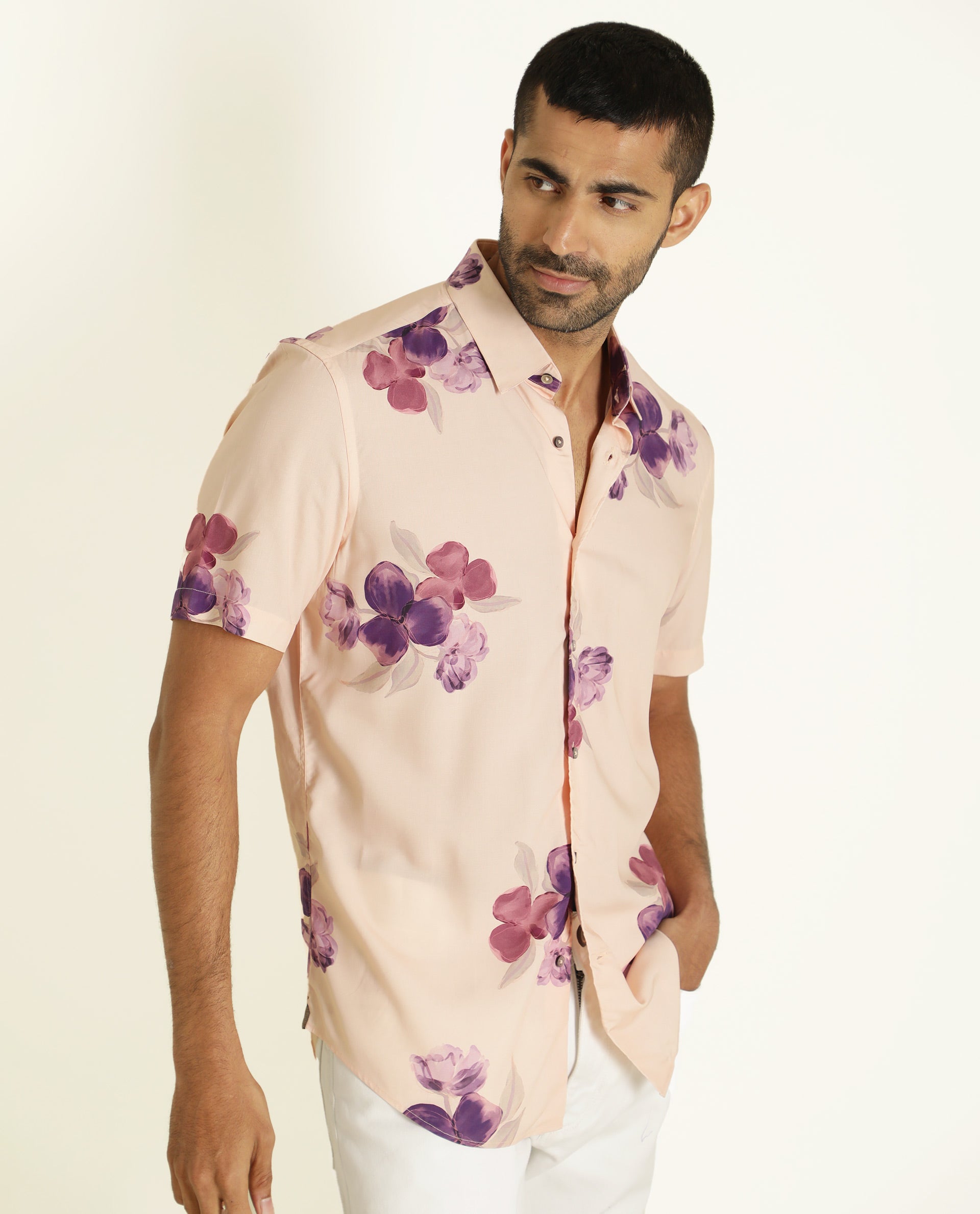 Rare Rabbit Men's Zion Beige Viscose Fabric Floral Print Half Sleeves Shirt