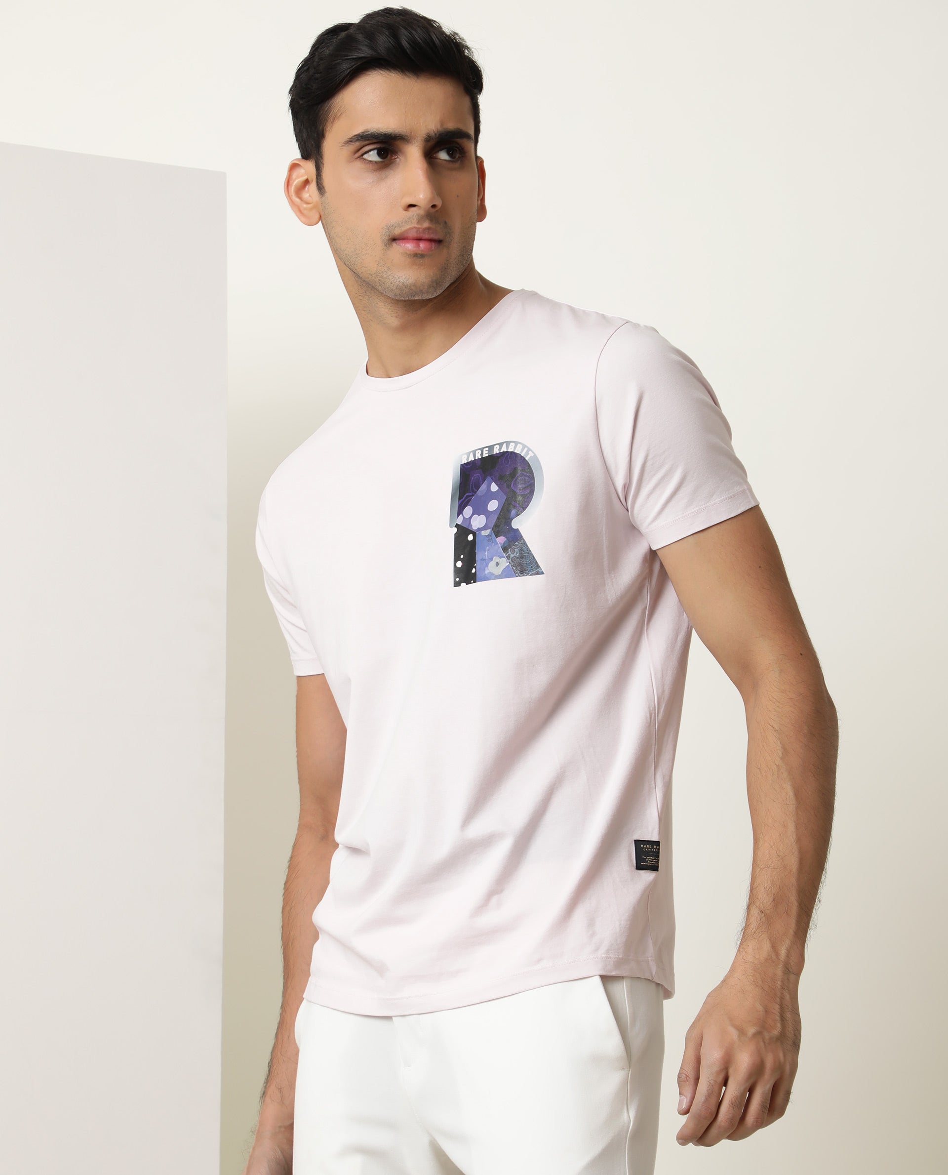 Rare Rabbit Men's Roseta Pink Cotton Lycra Fabric Crew Neck Half Sleeves Regular Fit Abstract Graphic Print T-shirt