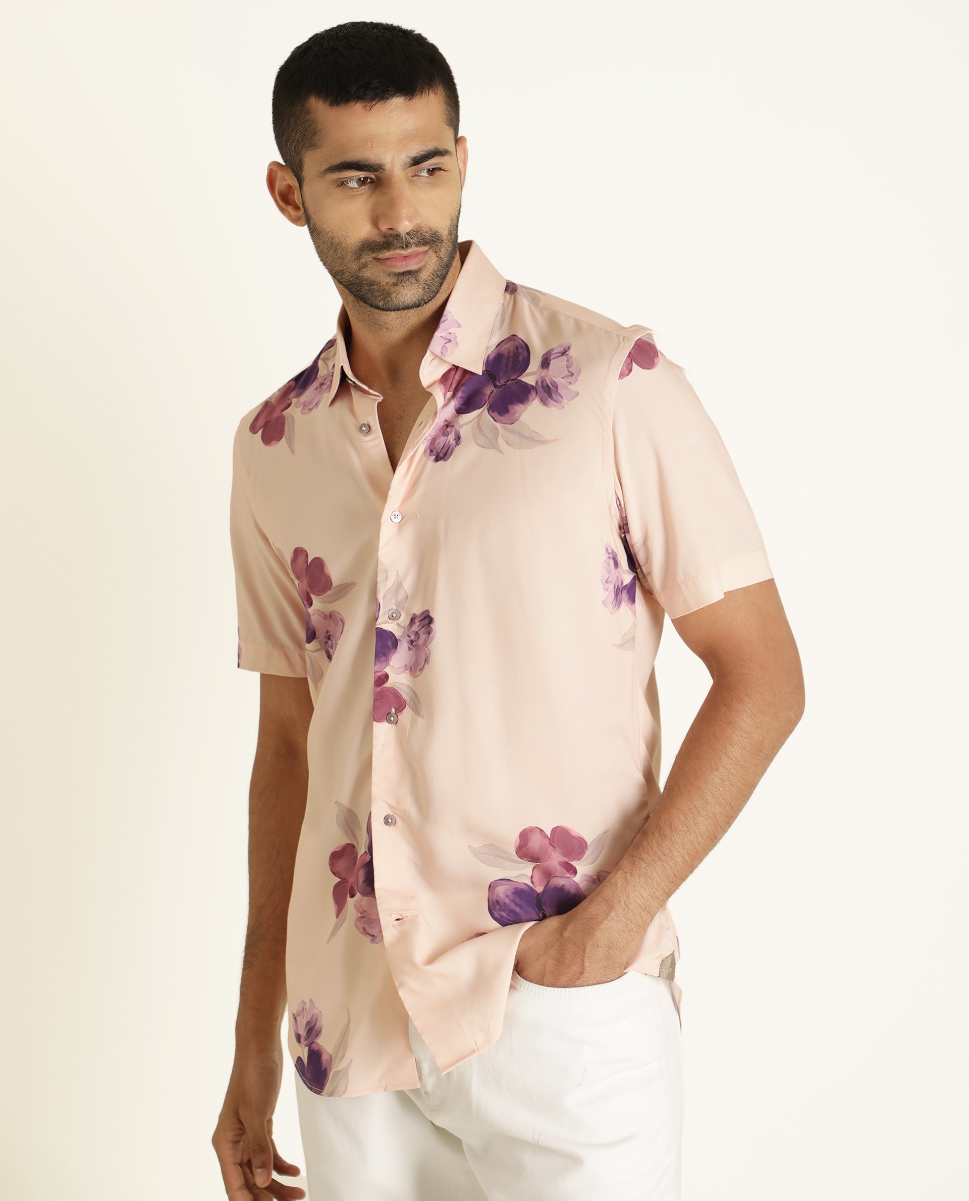 Rare Rabbit Men's Zion Beige Viscose Fabric Floral Print Half Sleeves Shirt