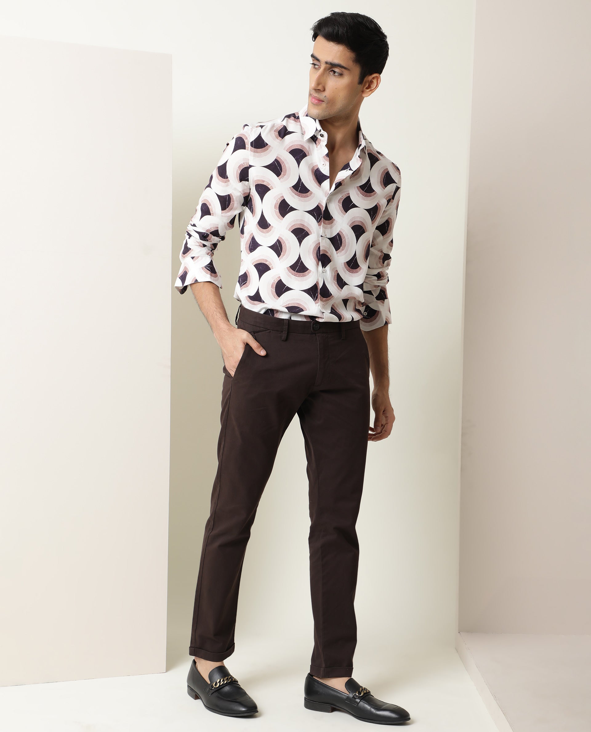 Rare Rabbit Men's Febug Off White Viscose Fabric Geometric Print Full Sleeves Shirt