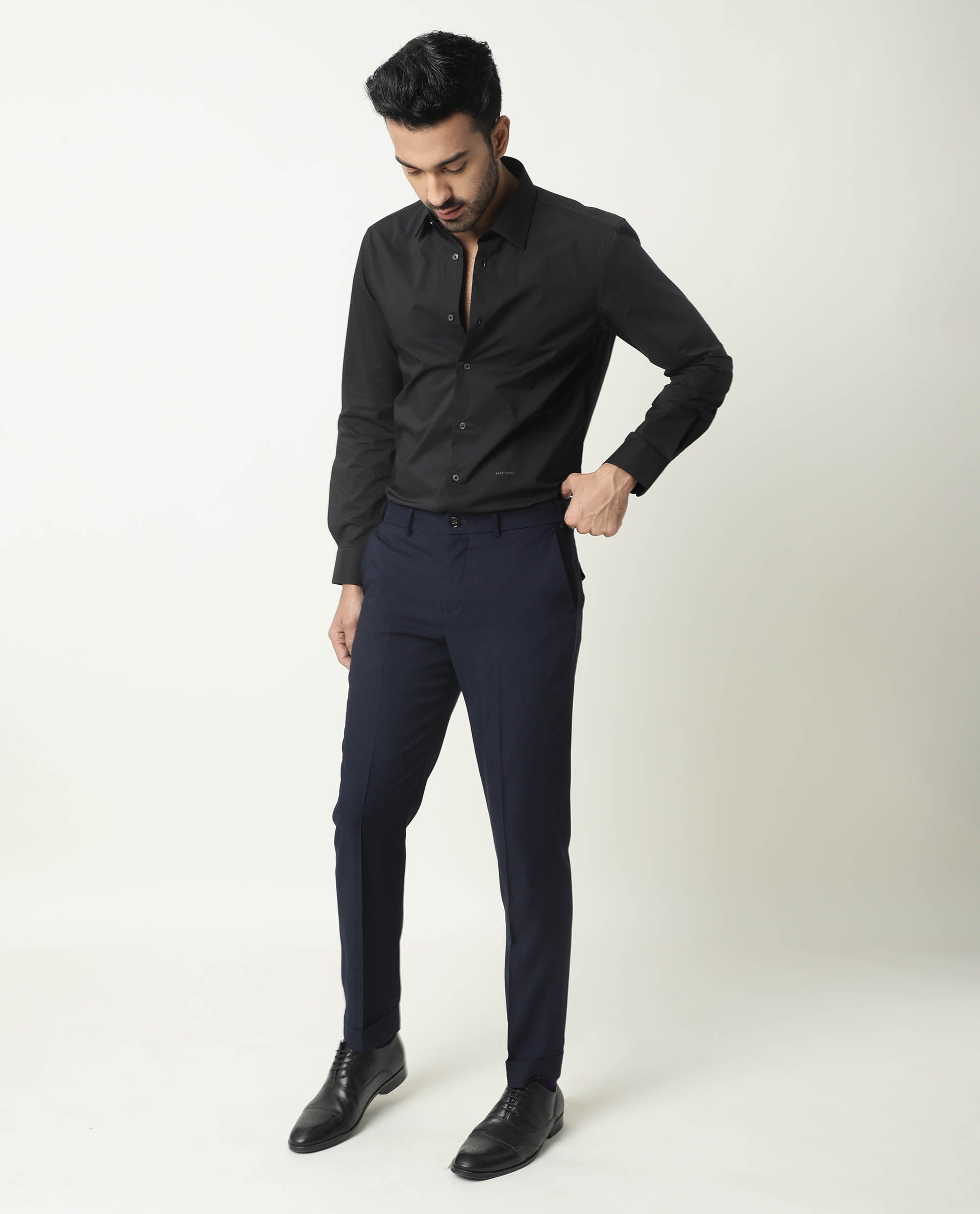 RARE RABBIT MEN'S NEUTRO LS BLACK SHIRT COTTON POLYESTER FABRIC COLLARED NECK FULL SLEEVES BUTTON CLOSURE SLIM FIT