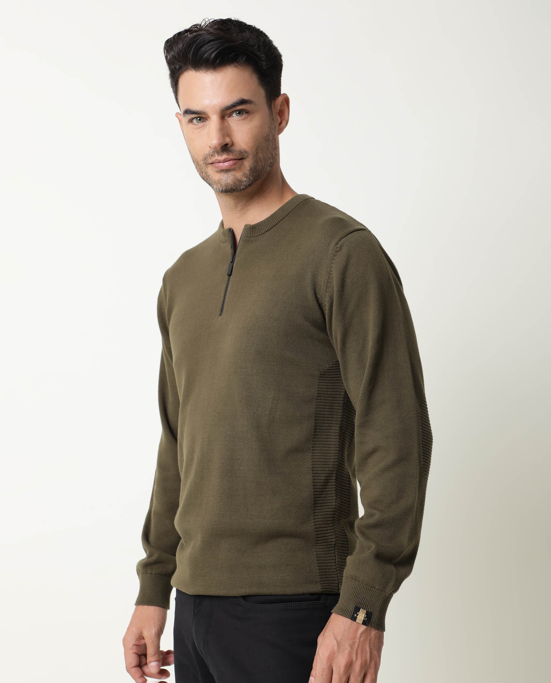 Rare Rabbit Men'S Rumbled Olive Sweater Cotton Fabric Full Sleeves Zipper Closure Slim Fit