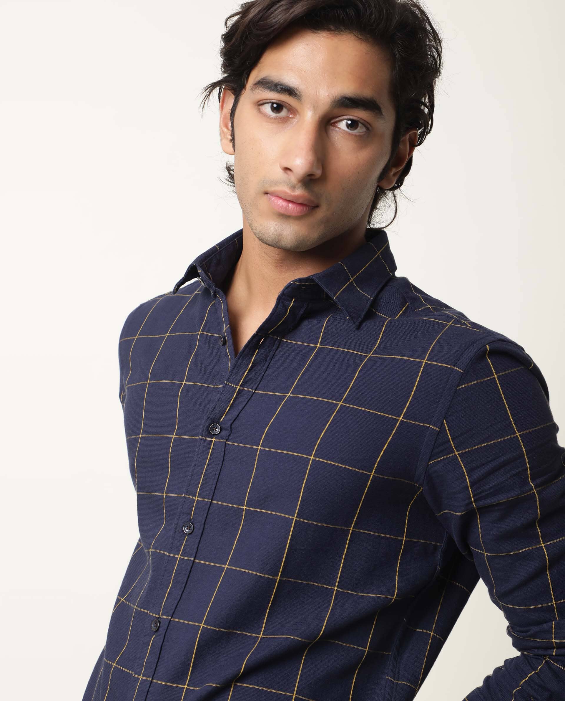 Rare Rabbit Men's Corneto Navy Cotton Fabric Full Sleeves Checks Shirt