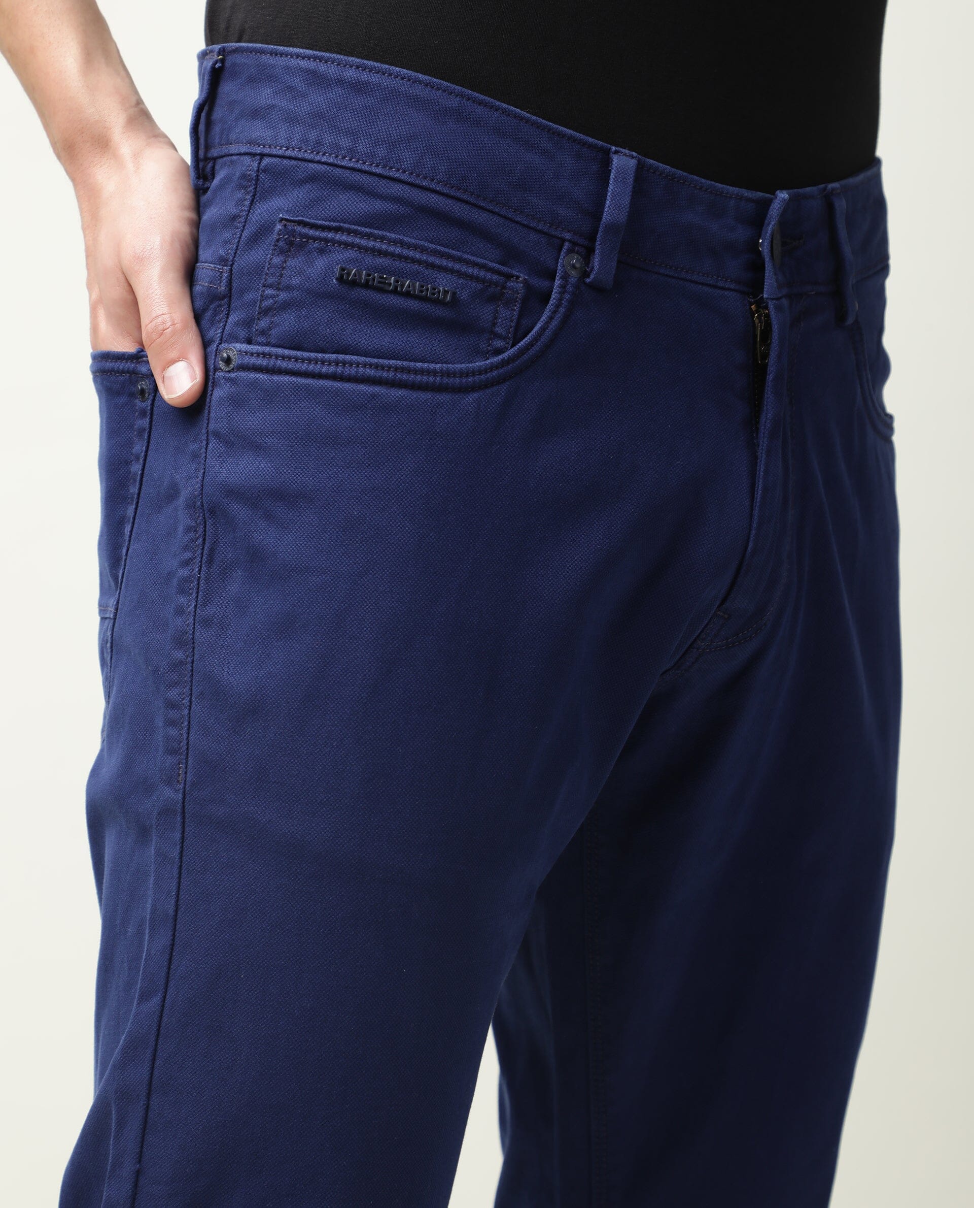 Rare Rabbit Men's Fiv5 Blue Solid Mid-Rise Slim Fit Trouser
