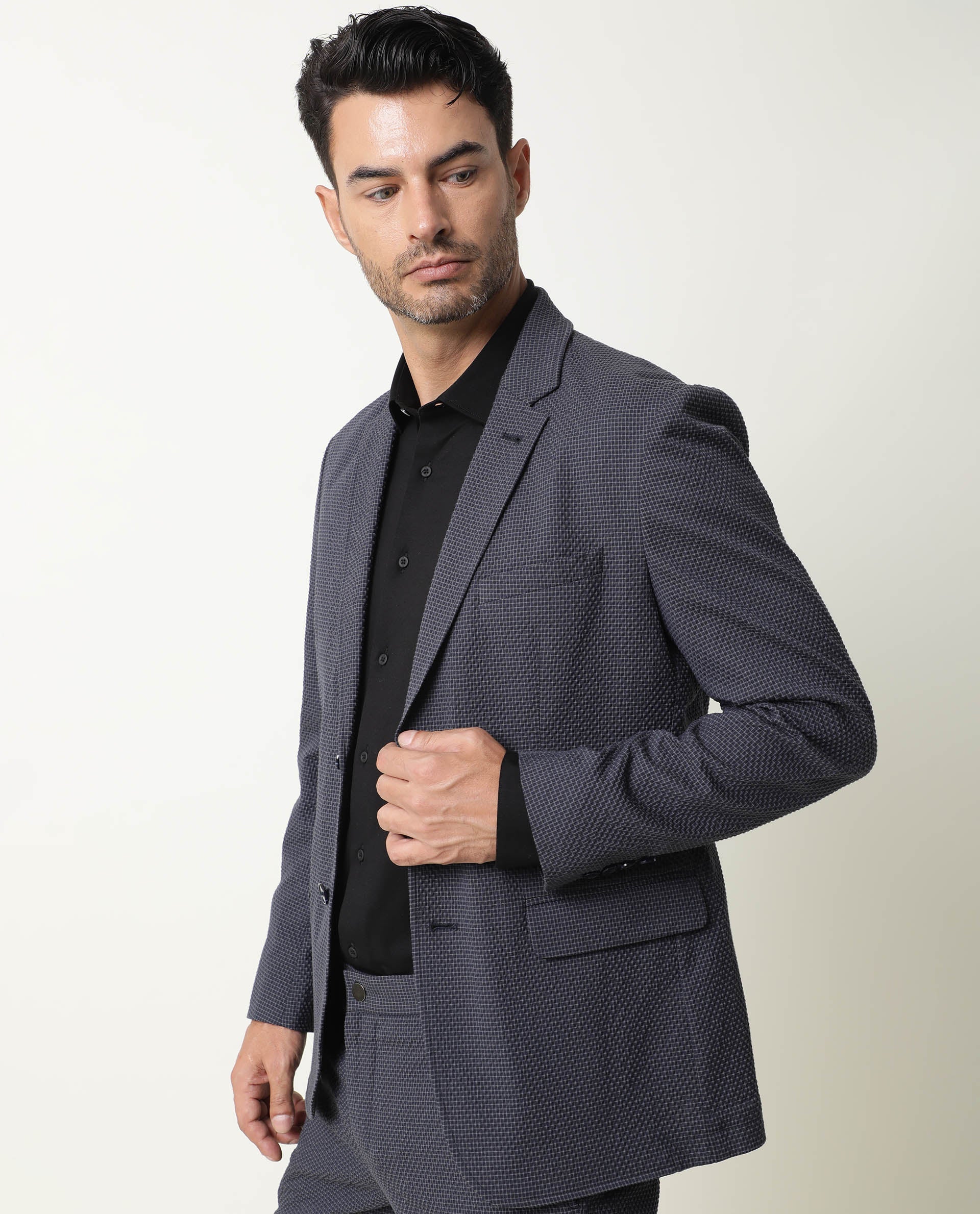 Rare Rabbit Men's Alps Navy Cotton Polyester Fabric Notch Lapel Single Breasted Slim Fit Micro Check Seer Sucker Blazer