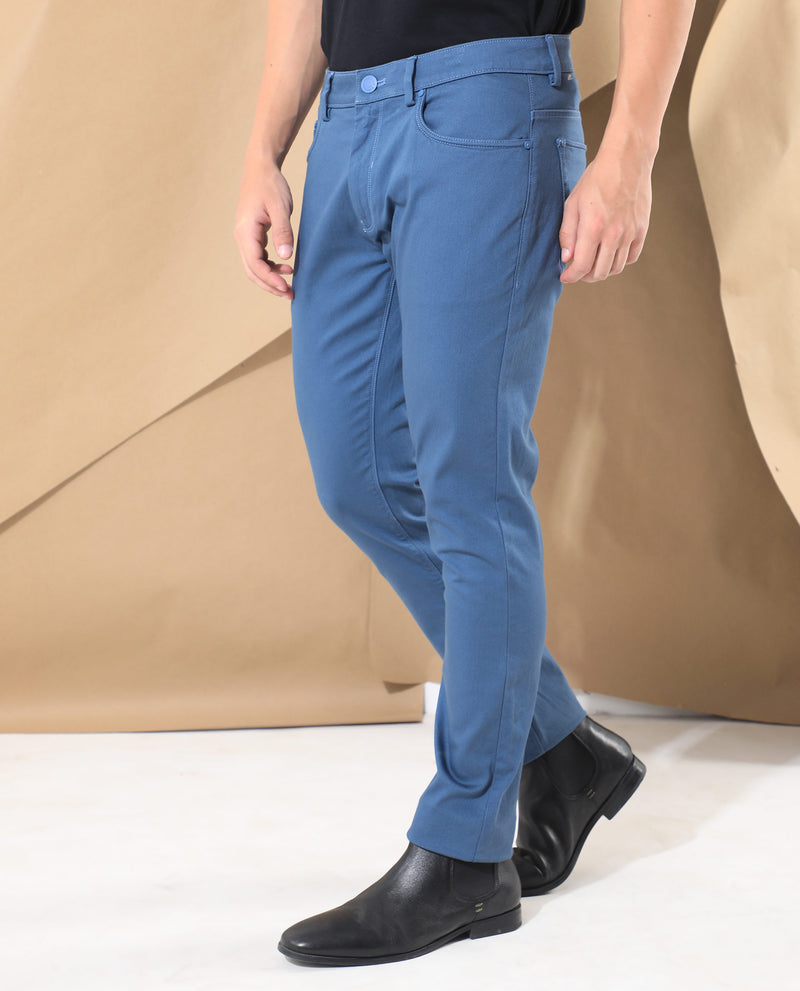 Rare Rabbit Men's Poke Light Blue Solid Mid-Rise Regular Fit Trouser