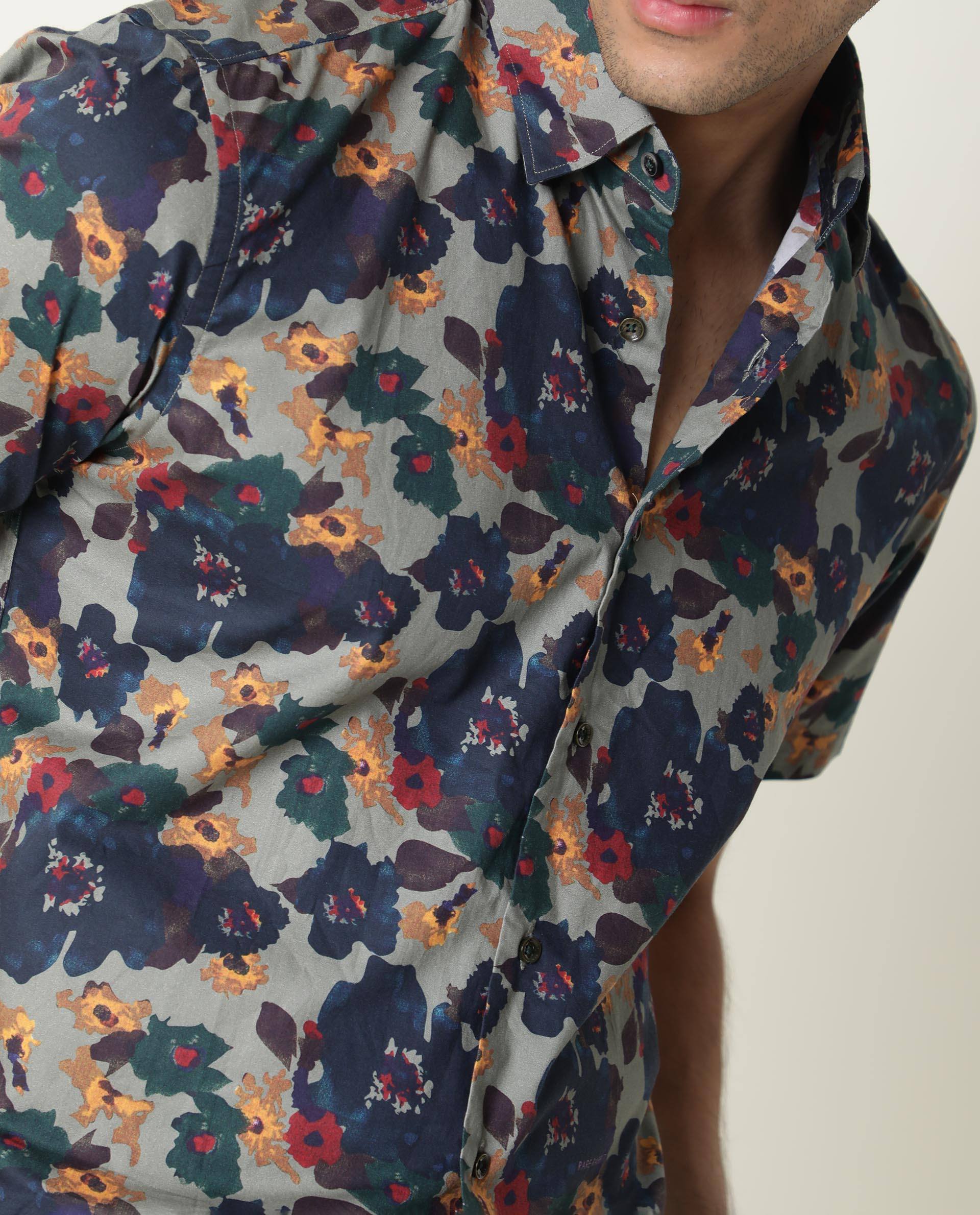 Rare Rabbit Men's Vishh Green Poplin Floral Printed Half Sleeves Shirt