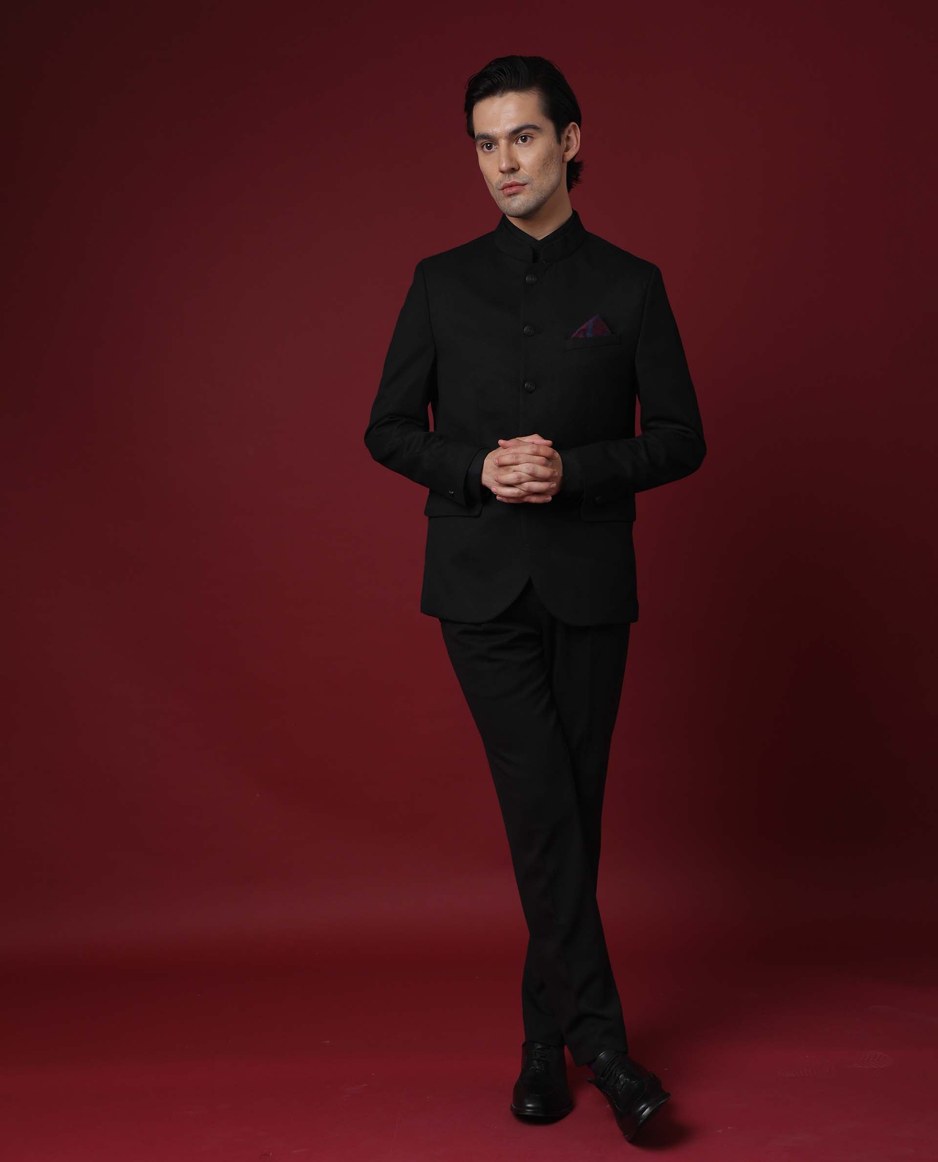 Rare Rabbit Men's Edit Band Black Mandarin Collar Tailored Fit Twill Textured Bandhgala