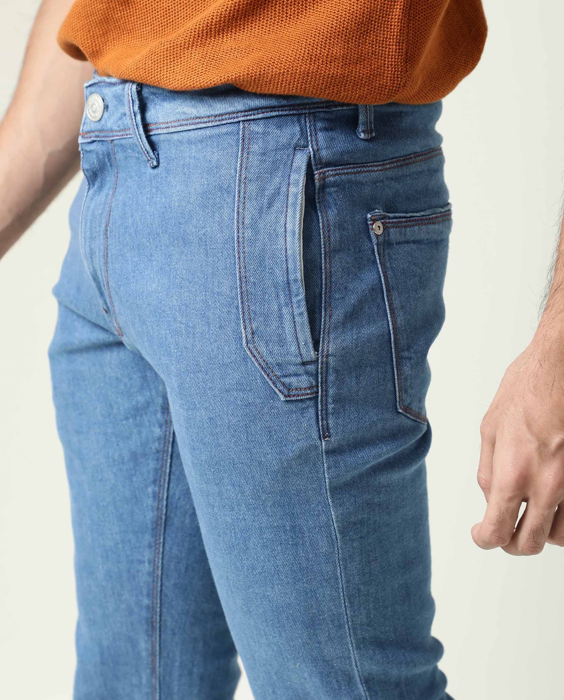 Rare Rabbit Men's Midtas  Blue Light Wash Mid-Rise Slim Fit Jeans