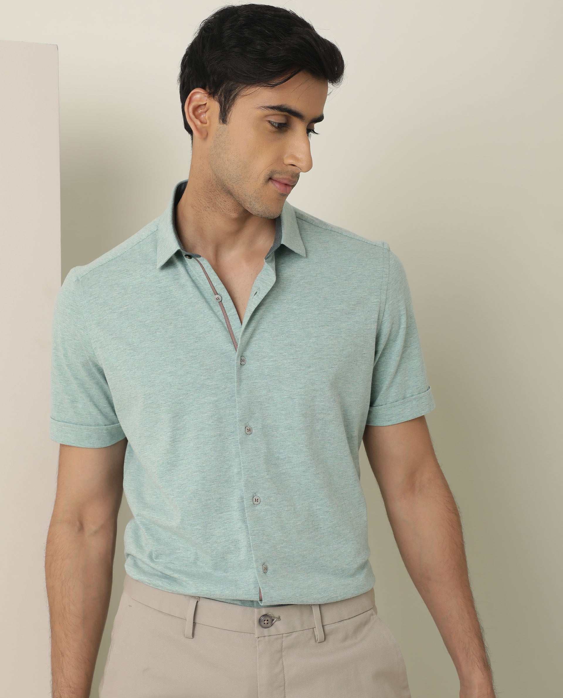 Rare Rabbit Men's Miraj Pastel Green Cotton Fabric Half Sleeves Knitted Shirt