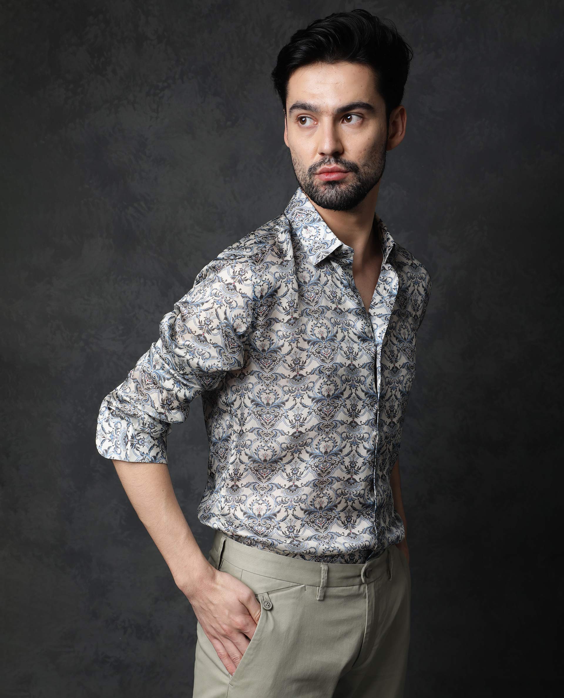 Rare Rabbit Men's Montor Beige Satin Abstract Print Full Sleeves Shirt