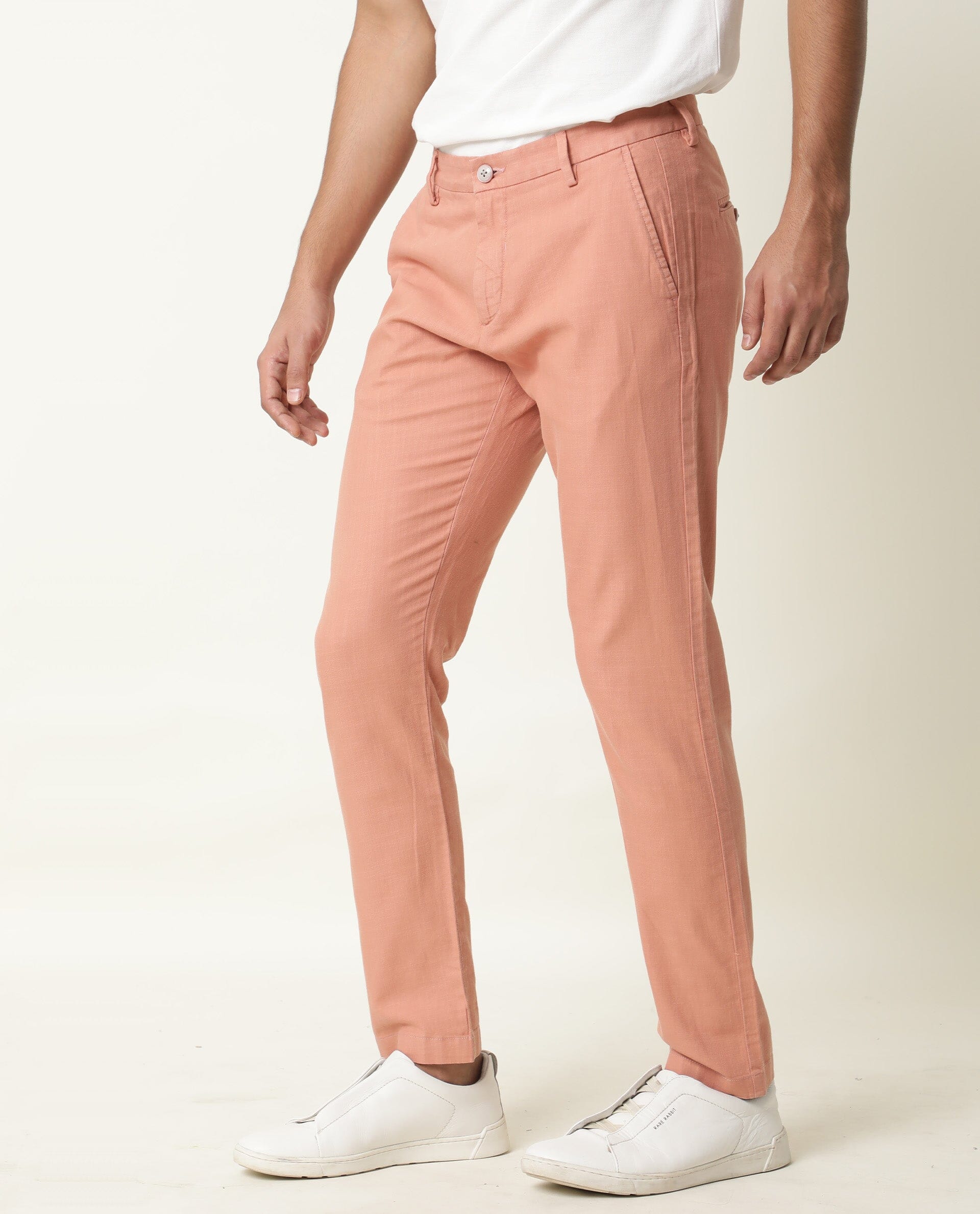 Rare Rabbit Men's Corn Pink Solid Mid-Rise Regular Fit Stretch Trouser