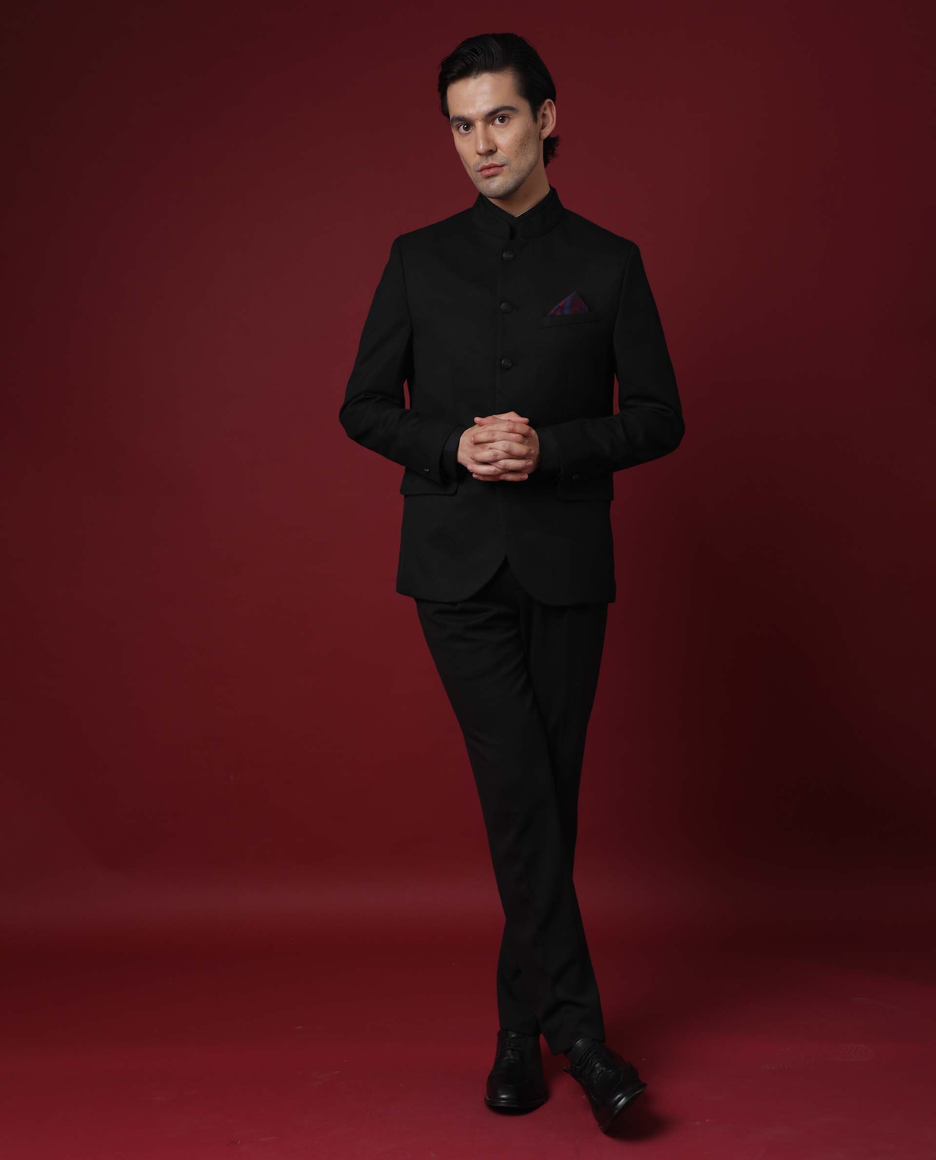 Rare Rabbit Men's Edit Band Black Mandarin Collar Tailored Fit Twill Textured Bandhgala