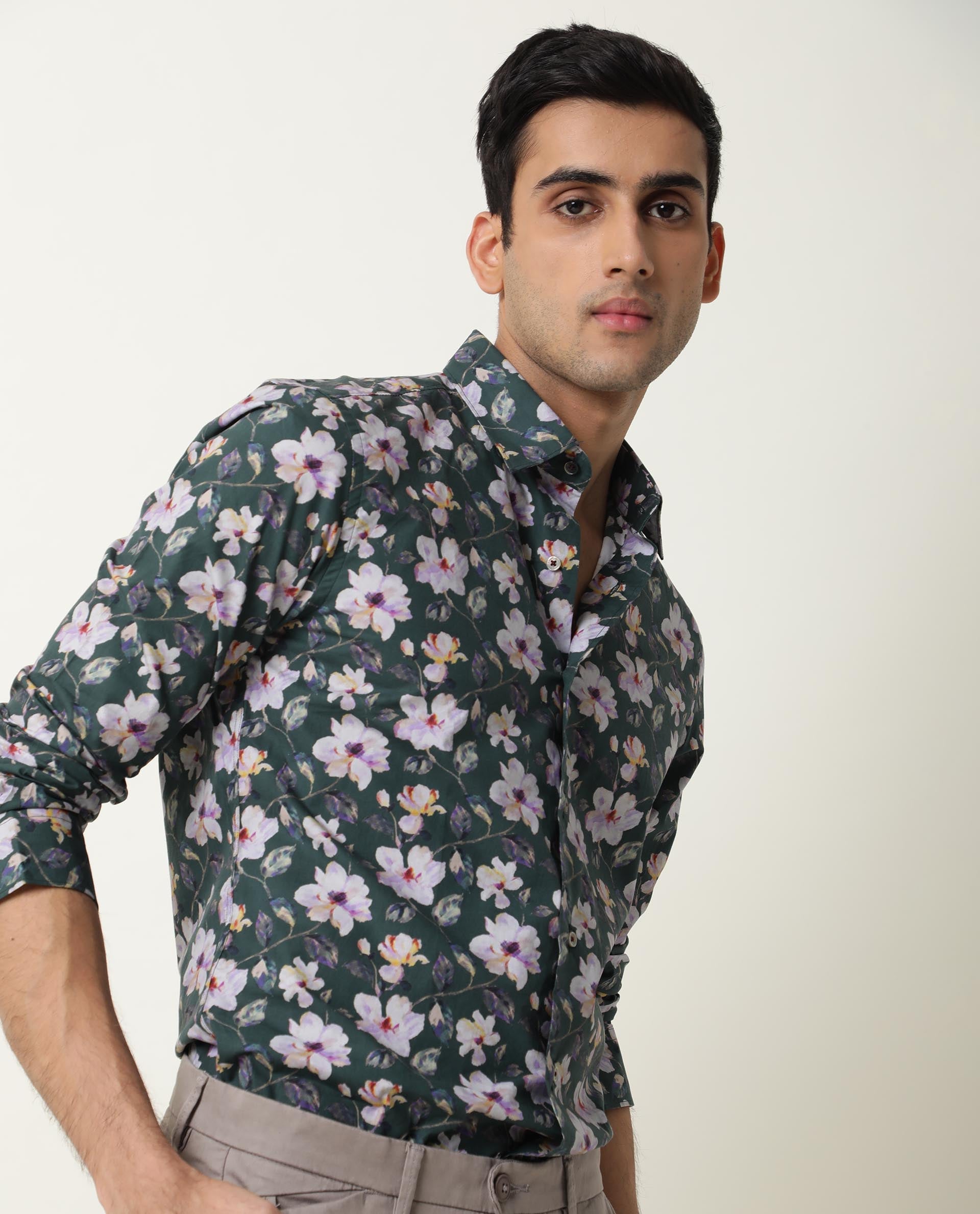 Rare Rabbit Men's Paintt Green Cotton Fabric Floral Print Full Sleeves Shirt