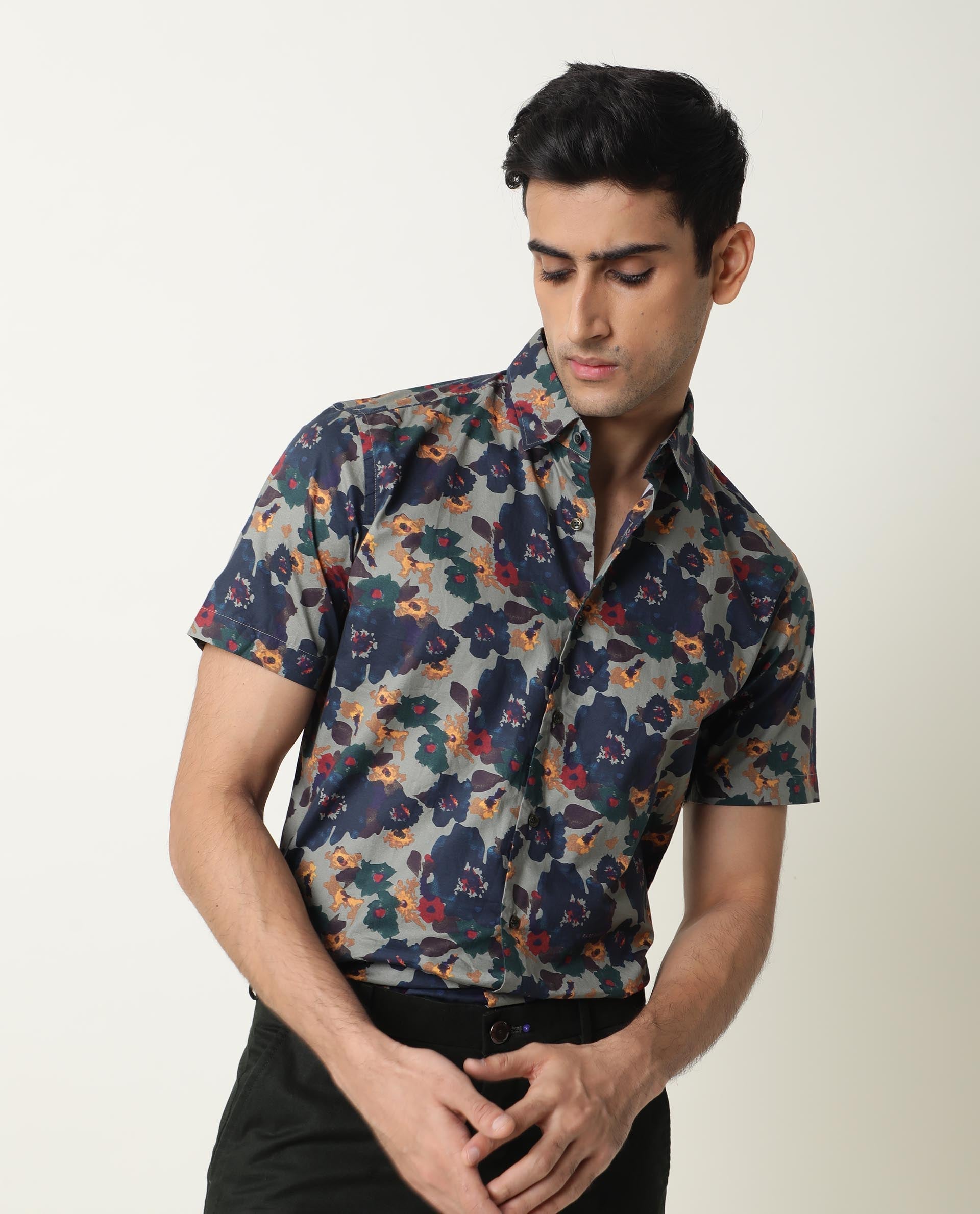 Rare Rabbit Men's Vishh Green Poplin Floral Printed Half Sleeves Shirt