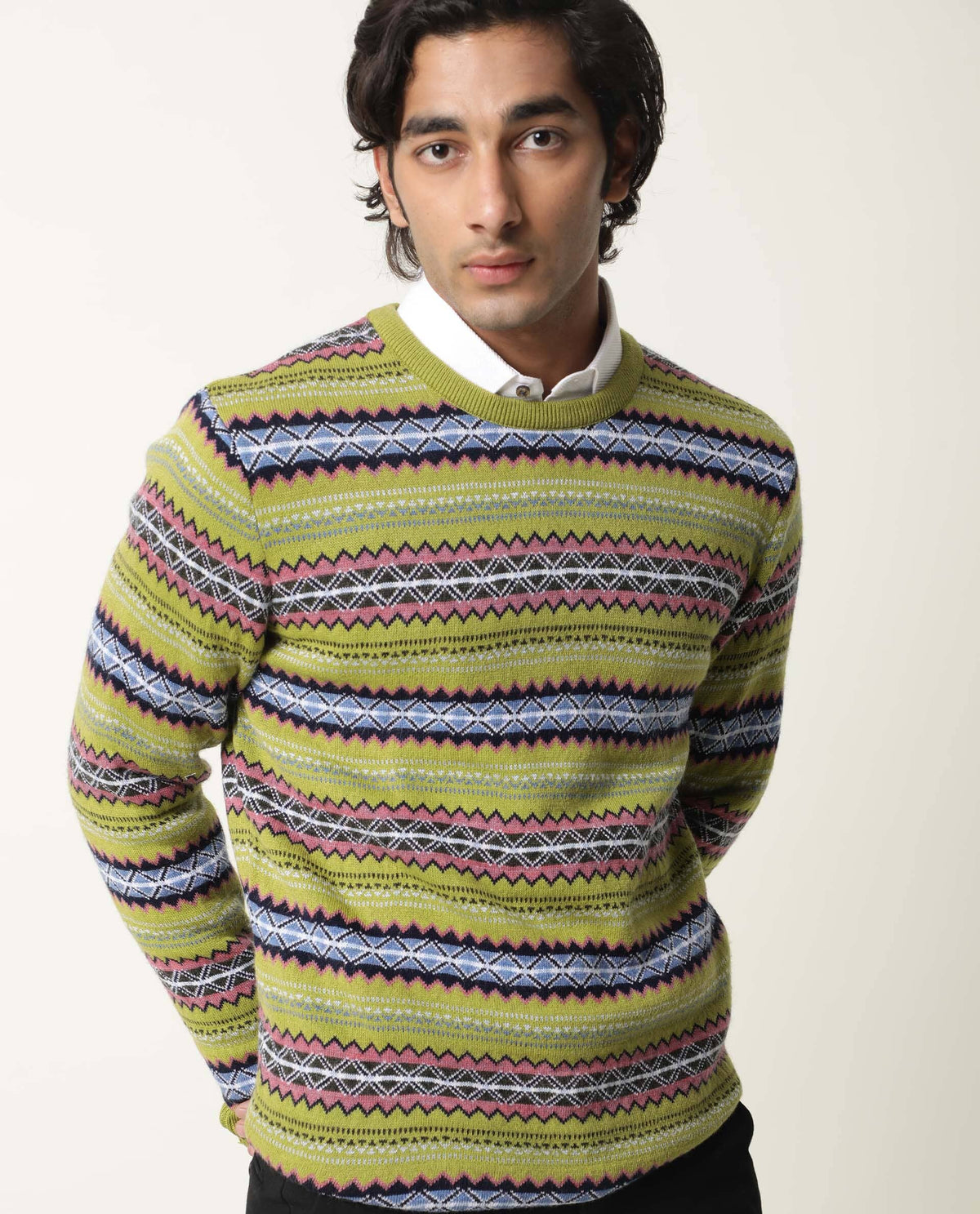 RARE RABBIT MEN'S FARE LIGHT GREEN PULLOVER ACRYLIC FABRIC ROUND NECK FULL SLEEVES SLIM FIT