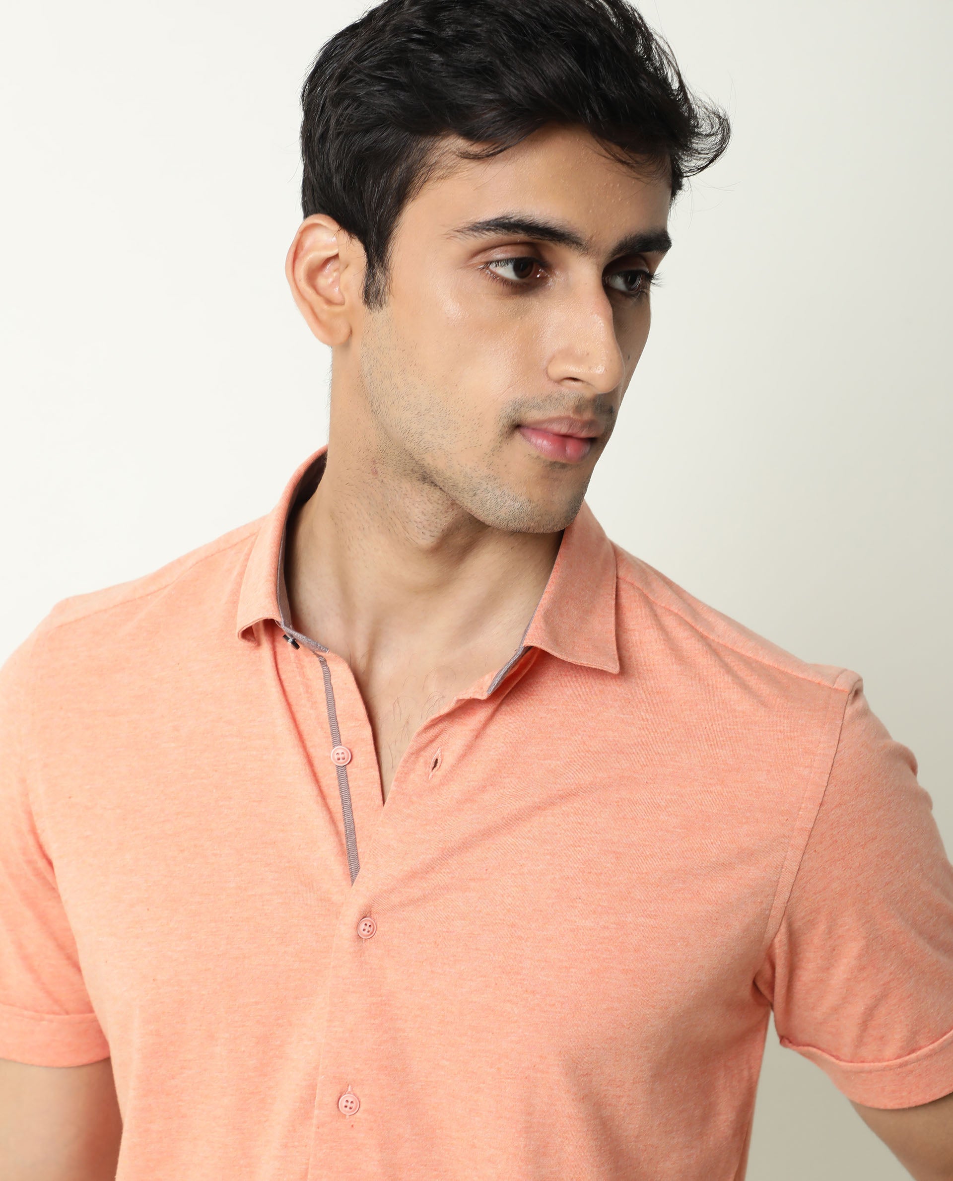 Rare Rabbit Men's Miraj Orange Cotton Fabric Half Sleeves Knitted Shirt