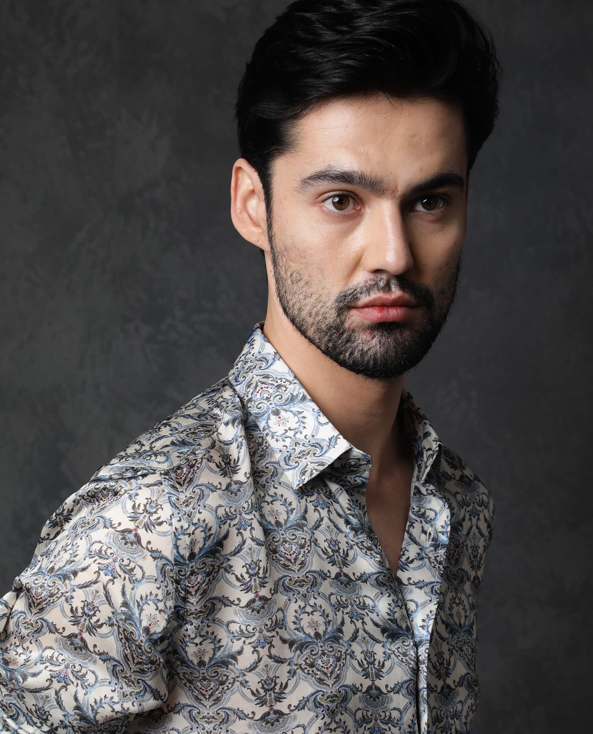 Rare Rabbit Men's Montor Beige Satin Abstract Print Full Sleeves Shirt