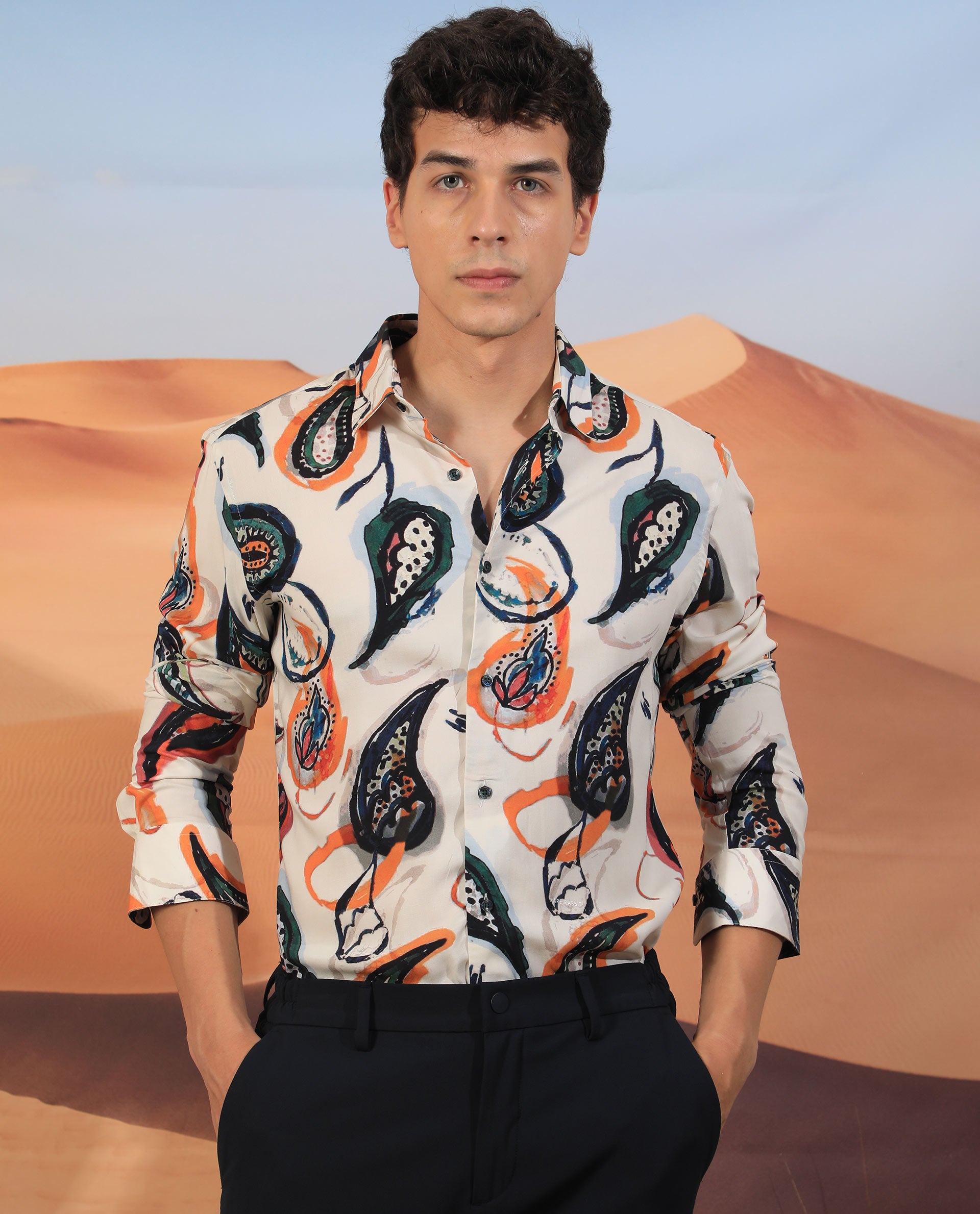 Rare Rabbit Men's Ivys Ls Beige Viscose Fabric Abstract Paisley Print Full Sleeves Shirt