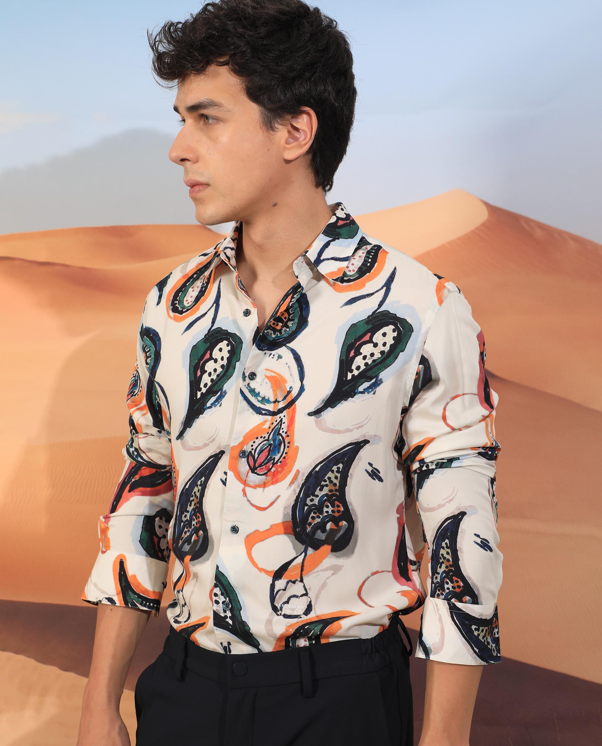 Rare Rabbit Men's Ivys Ls Beige Viscose Fabric Abstract Paisley Print Full Sleeves Shirt