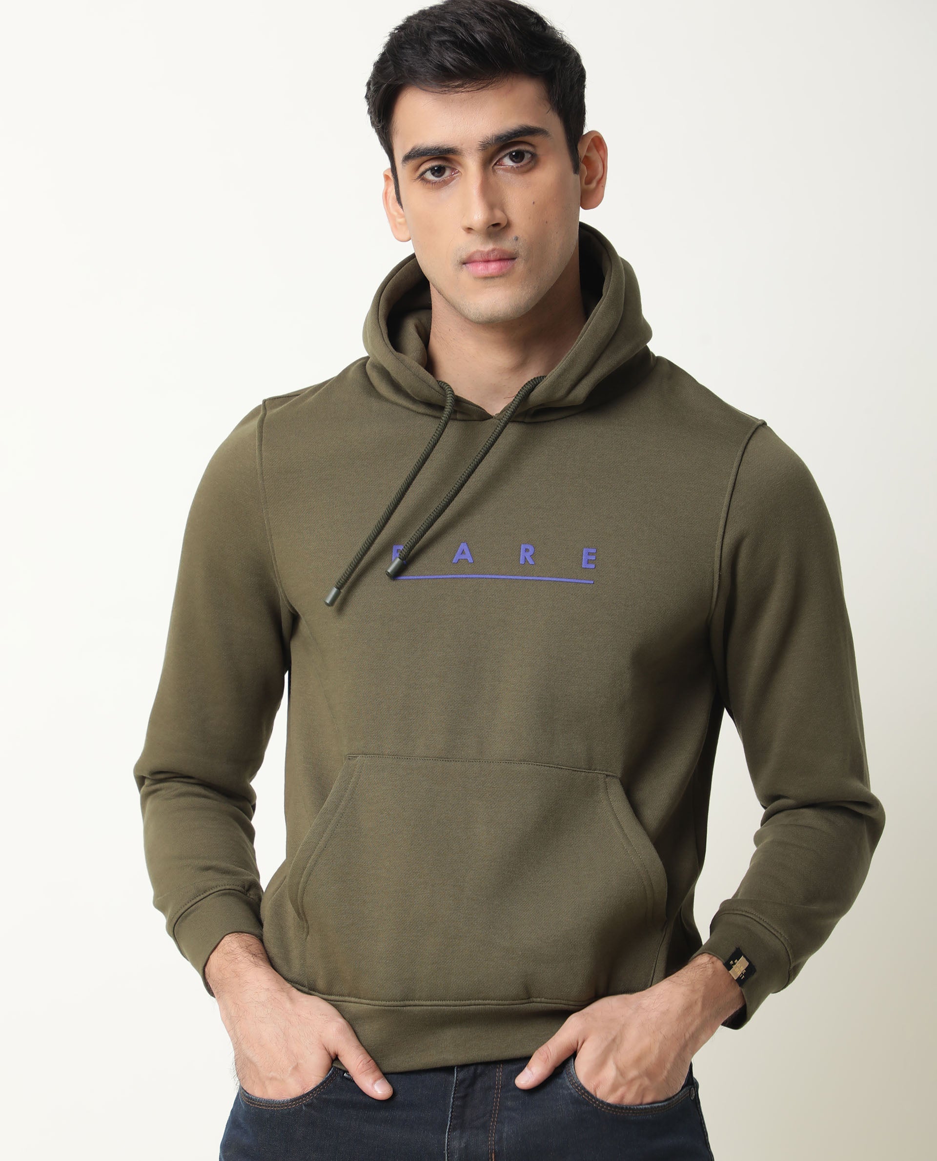 Rare Rabbit Omi Primary Olive Sweatshirt Cotton Poly Fabric Full Sleeve Hoodie Slim Fit
