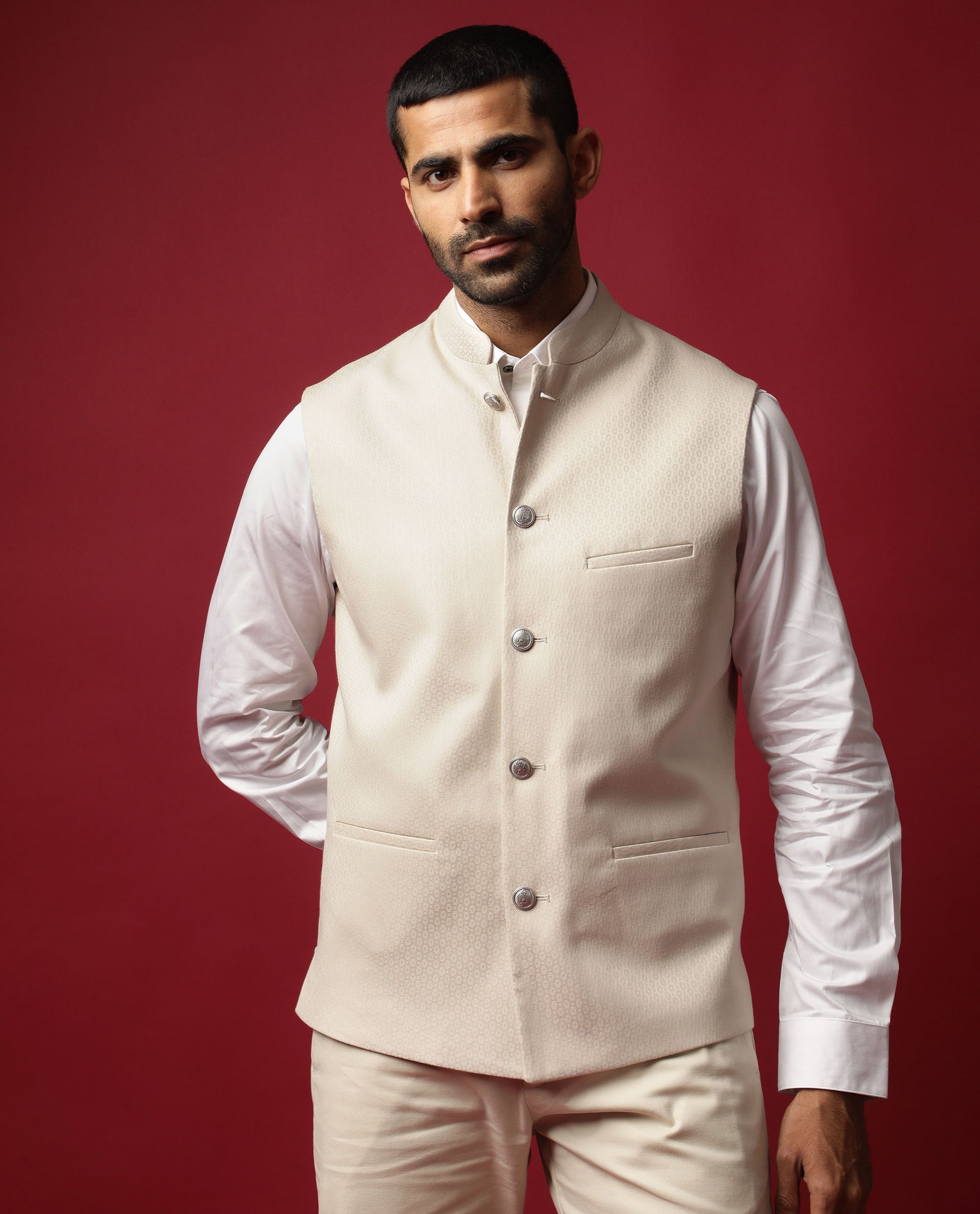 Rare Rabbit Men's Oakla Beige Mandarin Collar Tailored Fit Geometric Jacquard Bandi