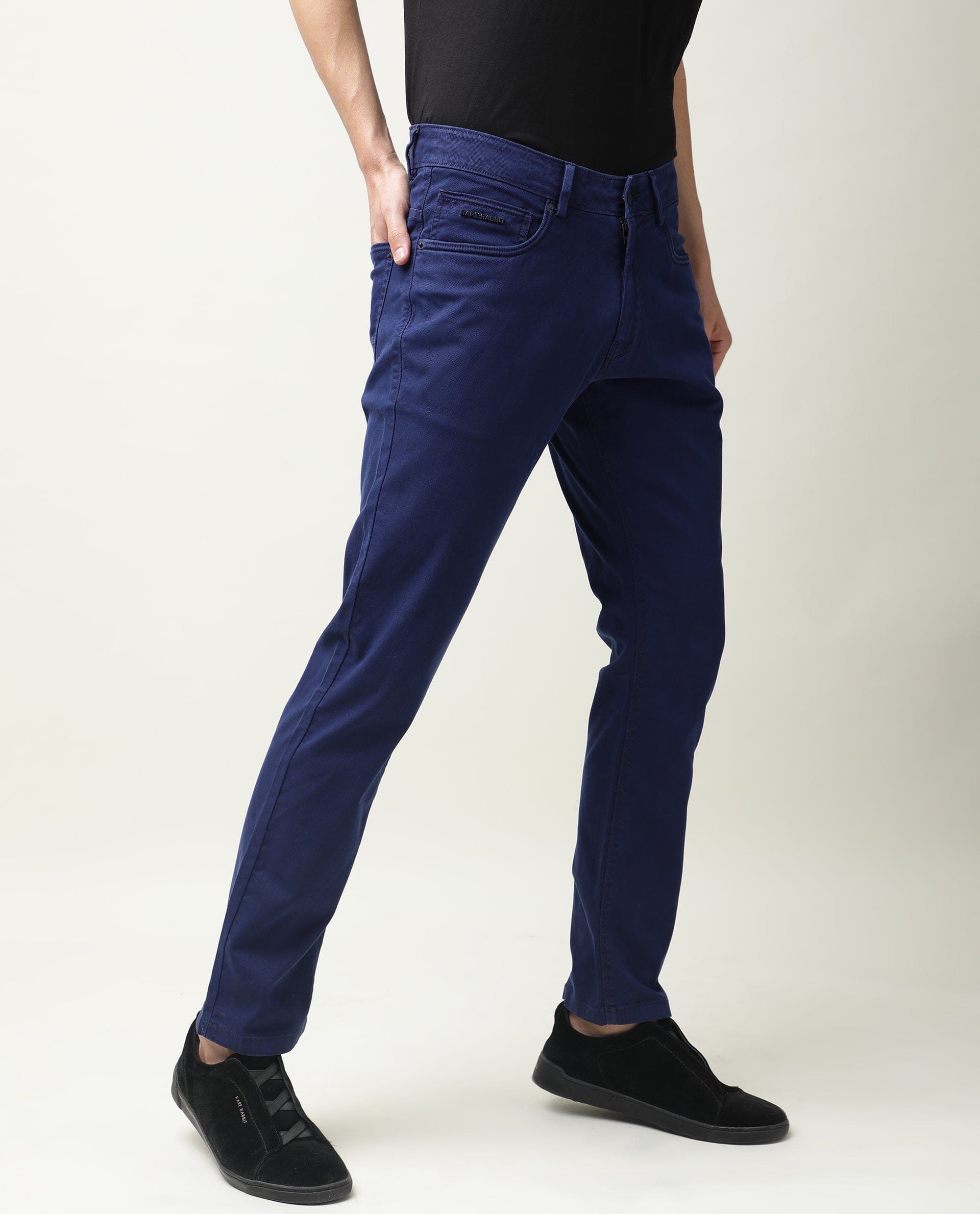 Rare Rabbit Men's Fiv5 Blue Solid Mid-Rise Slim Fit Trouser