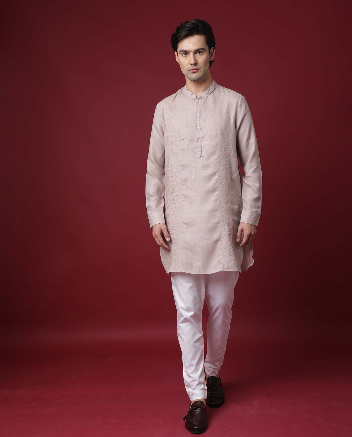 Rare Rabbit President Primary Beige  Linen Fabric Full Sleeve Mandarin Collar Slim Fit Kurta