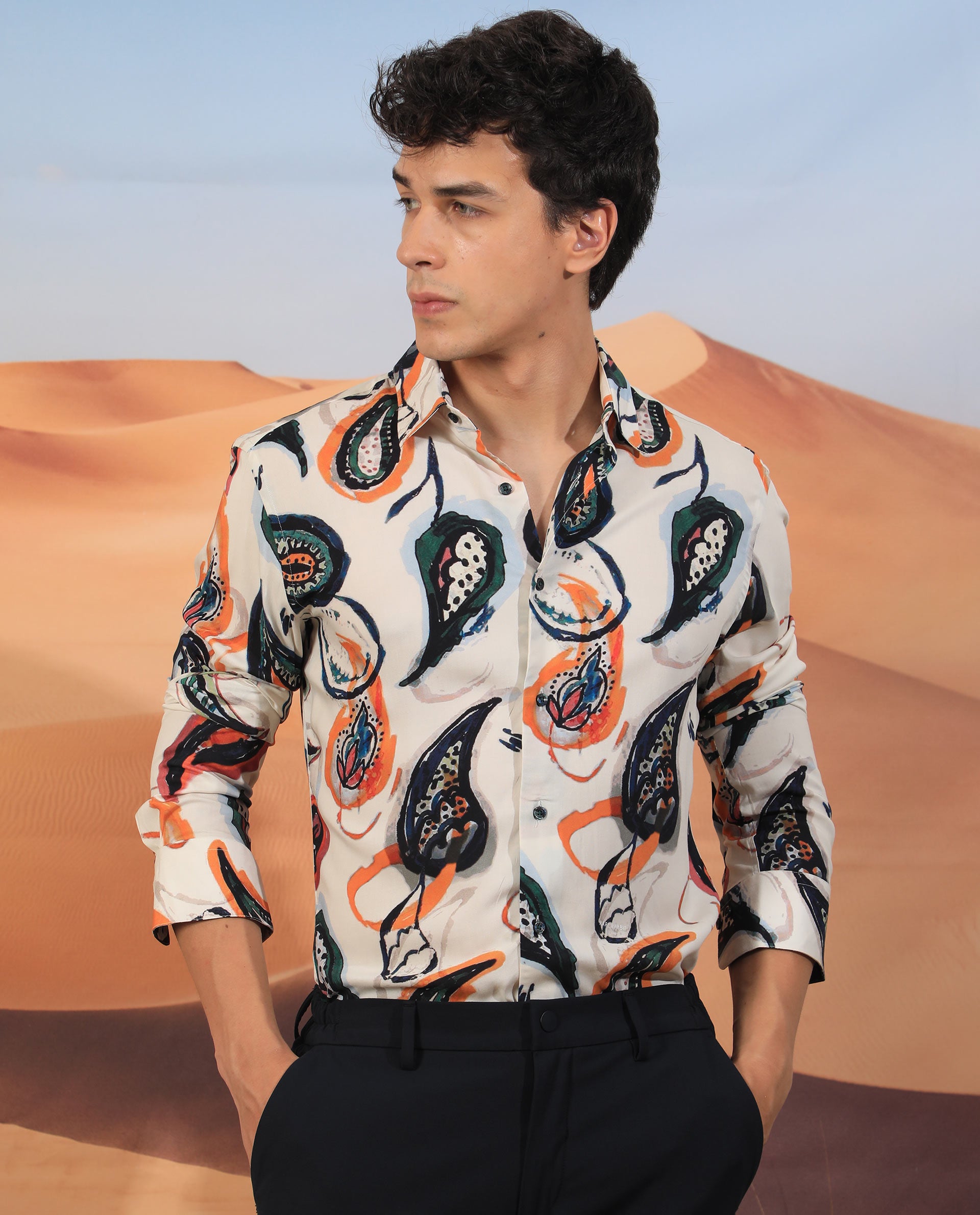 Rare Rabbit Men's Ivys Ls Beige Viscose Fabric Abstract Paisley Print Full Sleeves Shirt