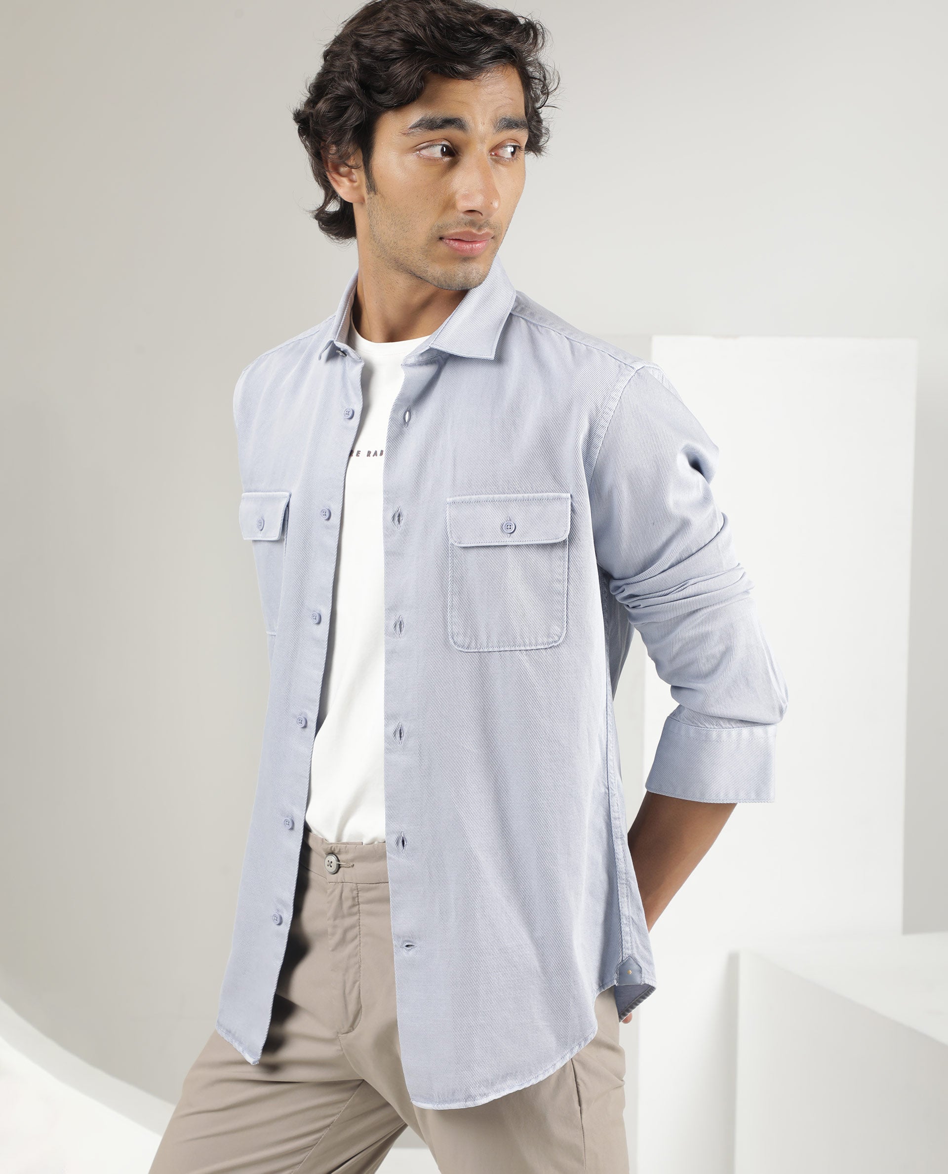 Rare Rabbit Men's Lyton Pastel Blue Cotton Fabric Full Sleeves Solid Twill Shirt