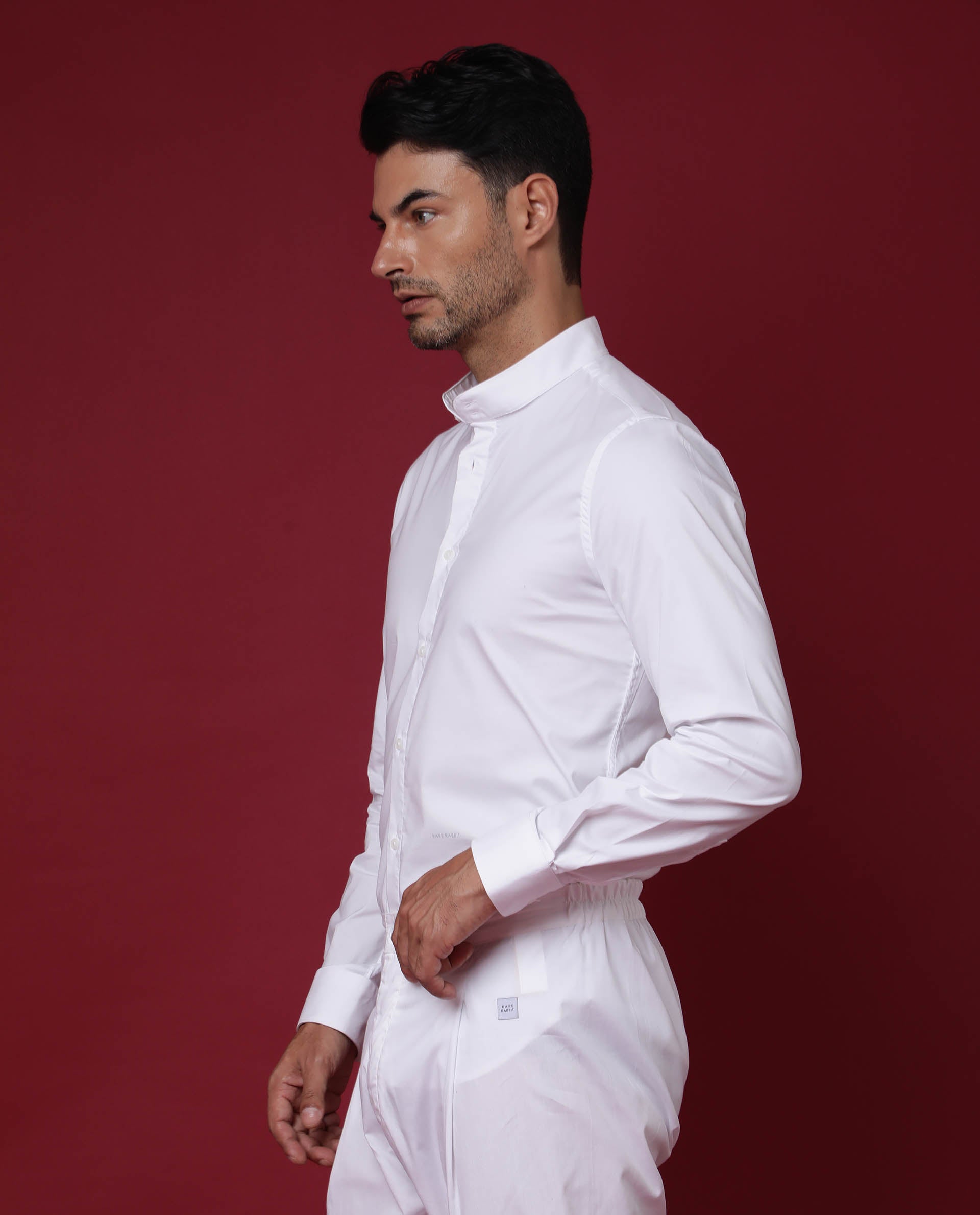 Rare Rabbit Men's Cox White Cotton Polyester Fabric High Neck Manadrin Collar Full Sleeves Solid Shirt