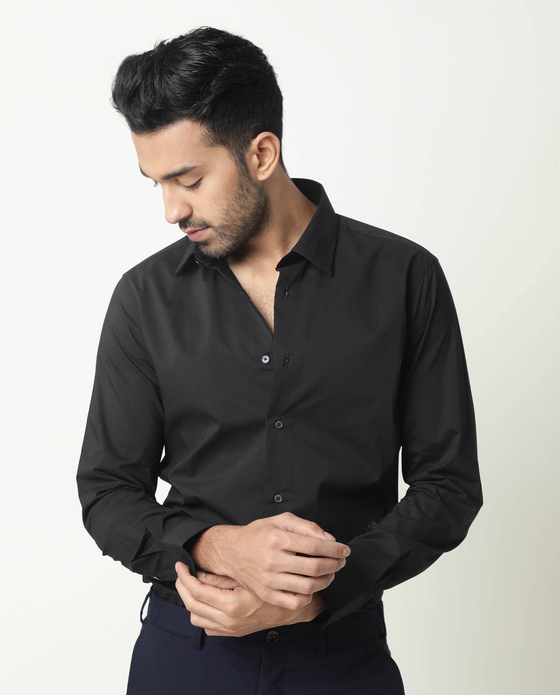 RARE RABBIT MEN'S NEUTRO LS BLACK SHIRT COTTON POLYESTER FABRIC COLLARED NECK FULL SLEEVES BUTTON CLOSURE SLIM FIT