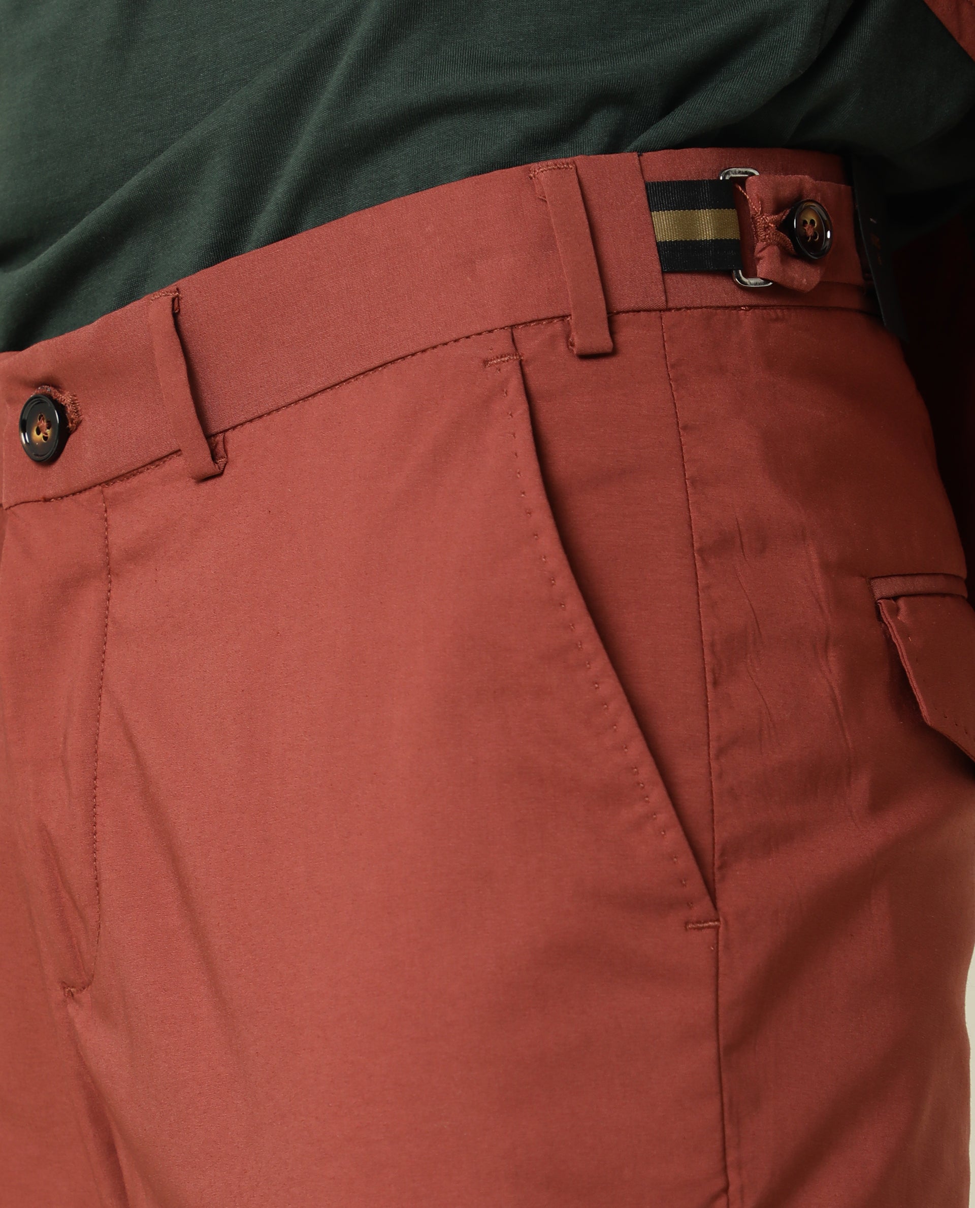 Rare Rabbit Men's Glak Dark Rust Viscose Polyester Fabric Button & Zip Closure Slim Fit Trouser