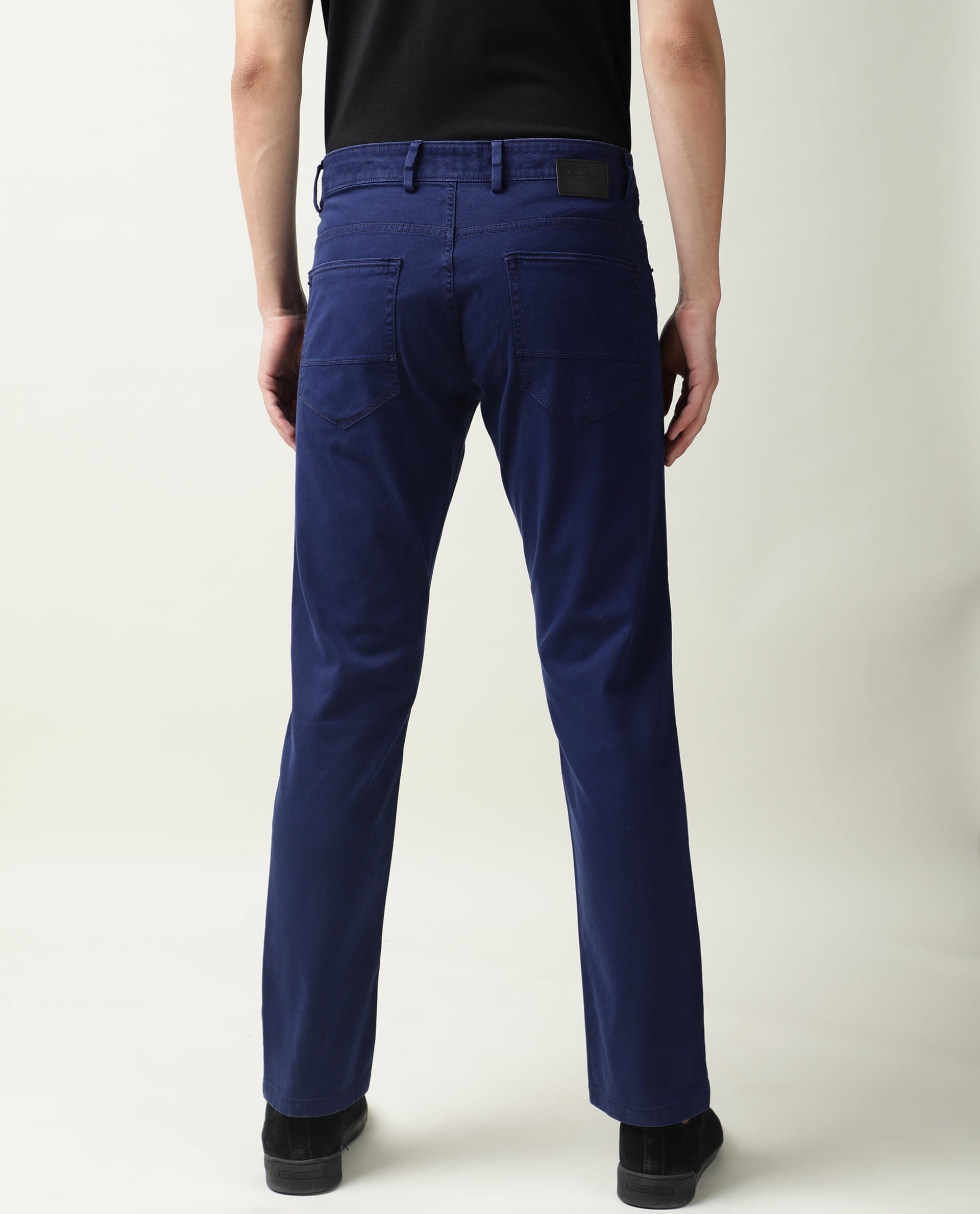 Rare Rabbit Men's Fiv5 Blue Solid Mid-Rise Slim Fit Trouser